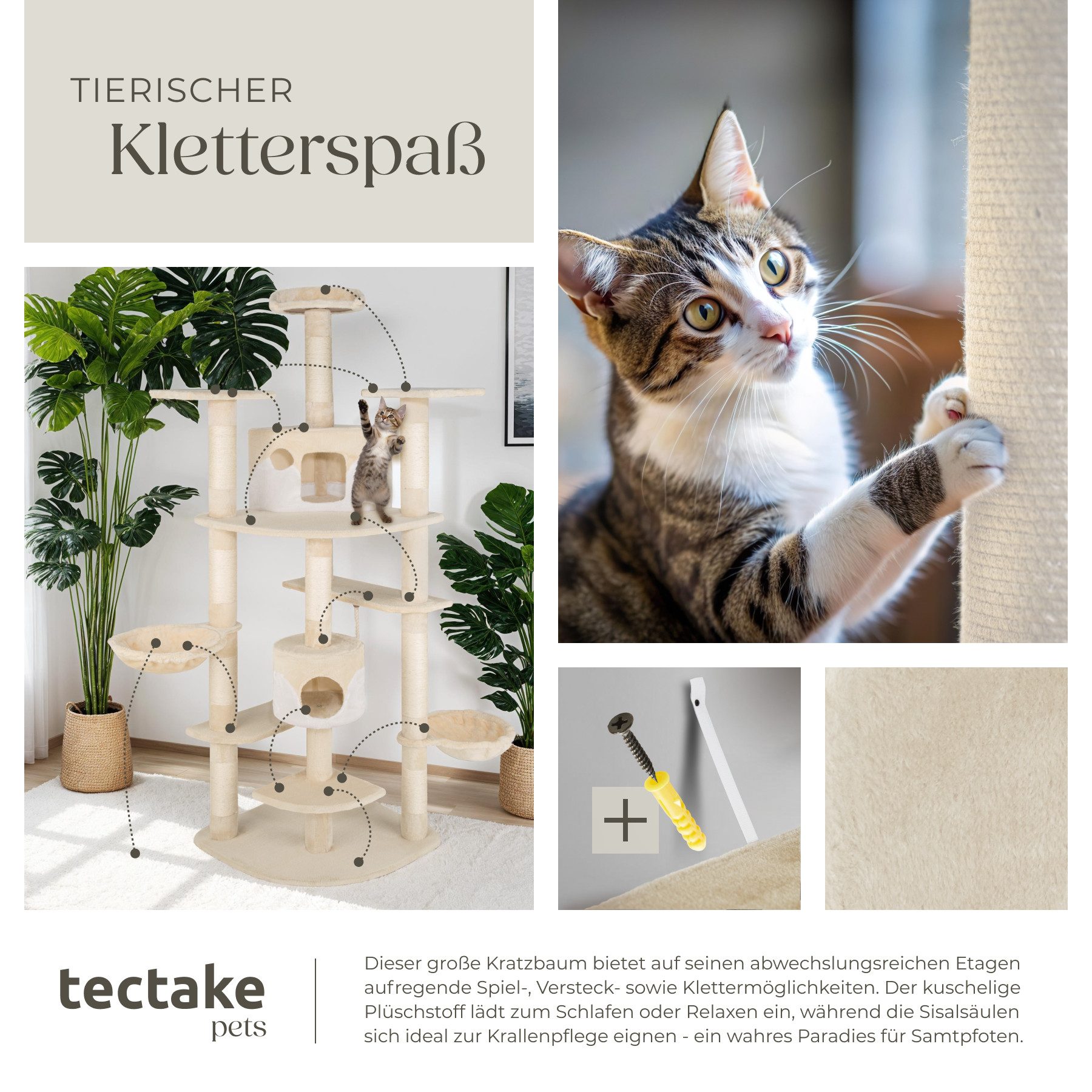 tectake Kratzbaum Katzenbaum Fippi 201 cm Diverse Farben beige-Weiss, Vielseitig mit robusten Sisalstangen und Plüschoberfläche