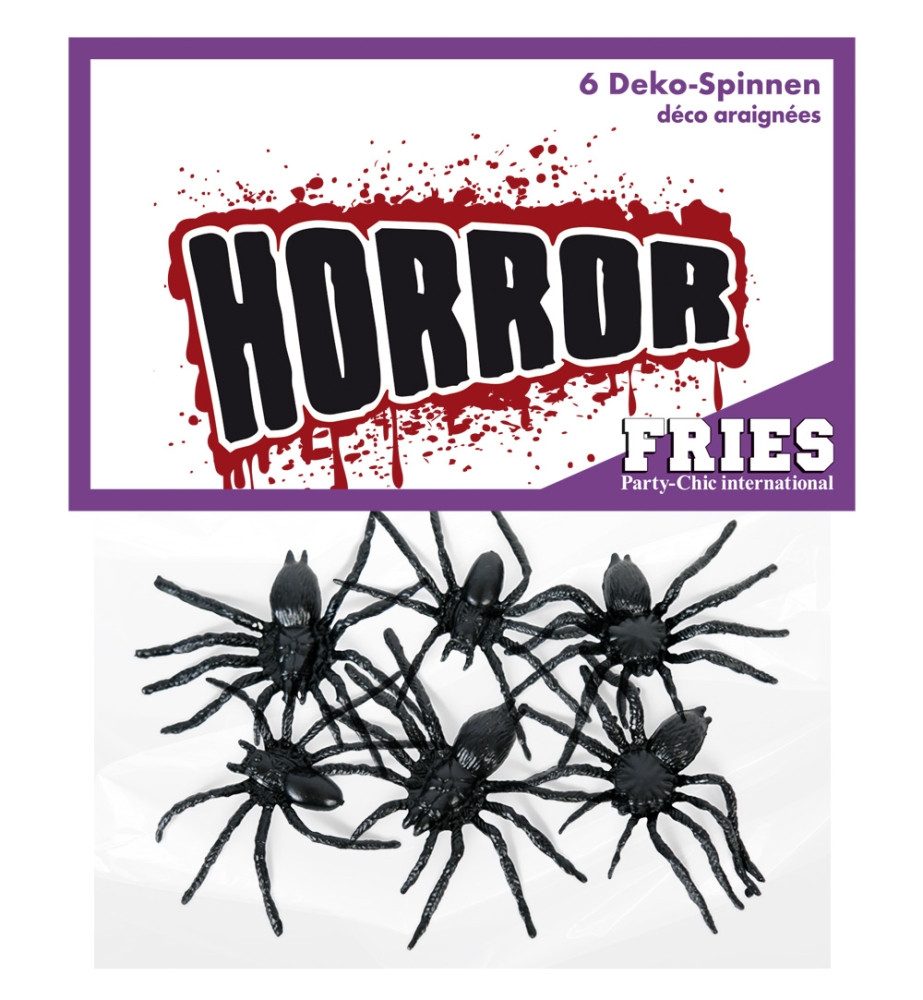 Fries Tierfigur 6 Stück Deko Kunststoff Spinnen Schwarz Horror Halloween Karneval, 4,5 cm x 6,5 cm