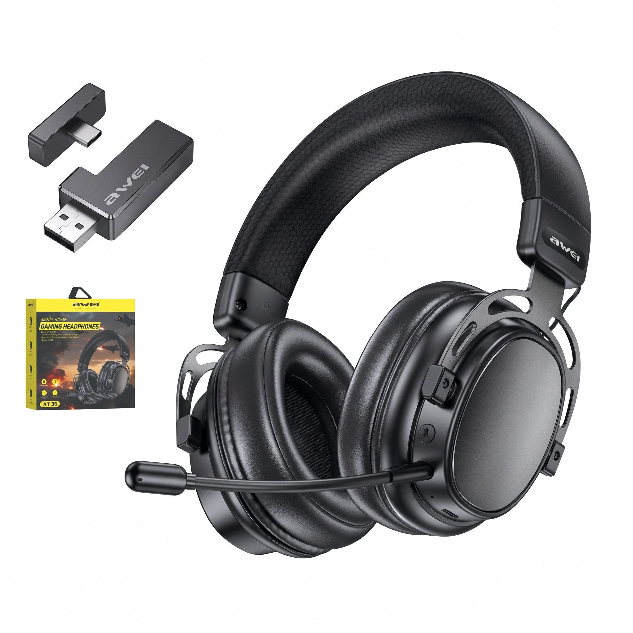 Vashoy Awei AT36 Bluetooth, Multi-Point-Verbindung, Noise-Cancelling, Over-Ear-Kopfhörer (48 Std Laufzeit, 2,4‑GHz‑Ultra‑Niedriglatenz, Bluetooth 5.4, abnehmbares Mikrofon mit Stummschaltung, geeignet für E-Sport und Büro)