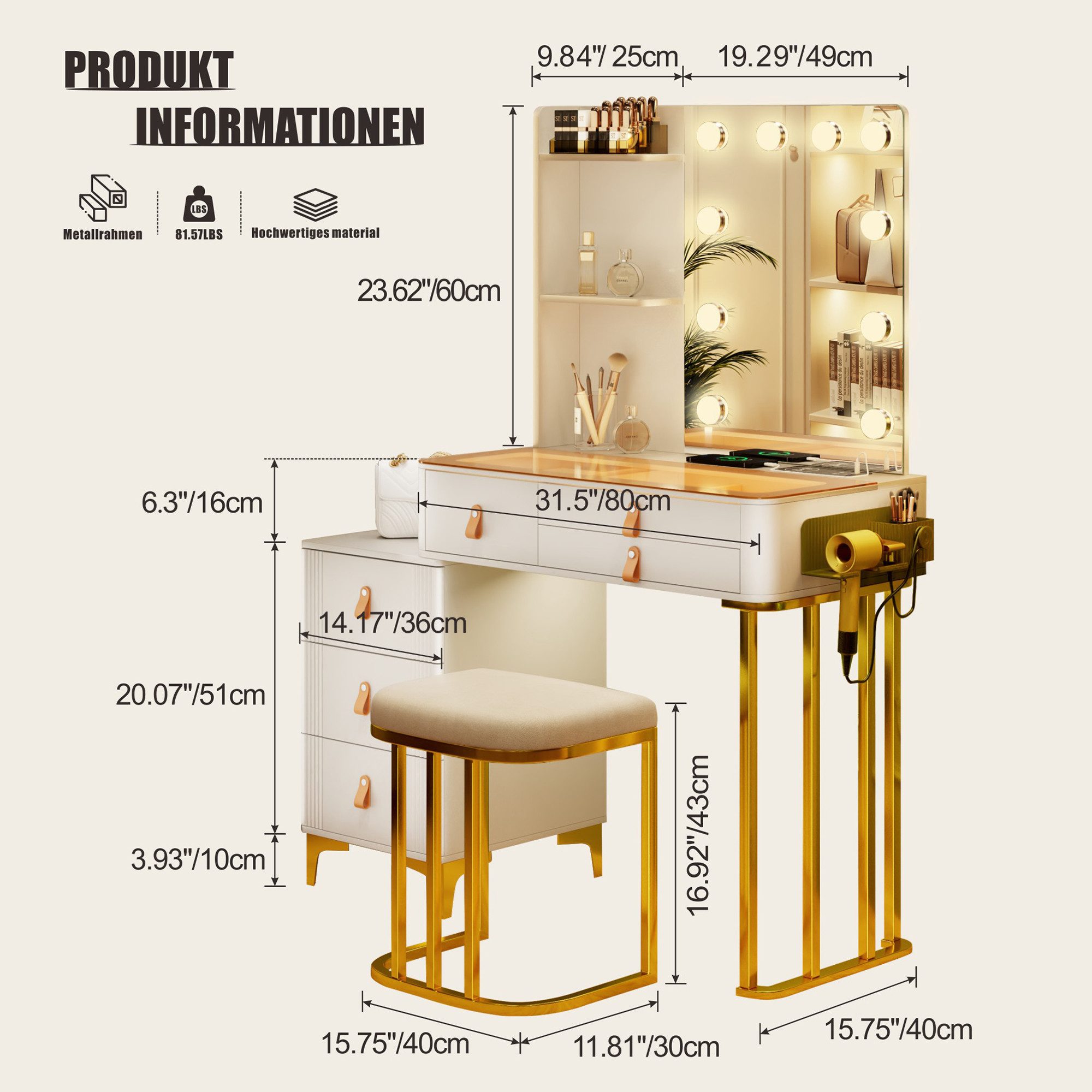 FREDEES Schminktisch mit Beleuchtung und Spiegel, großer Tisch mit Stuhl, 6 günstig online kaufen