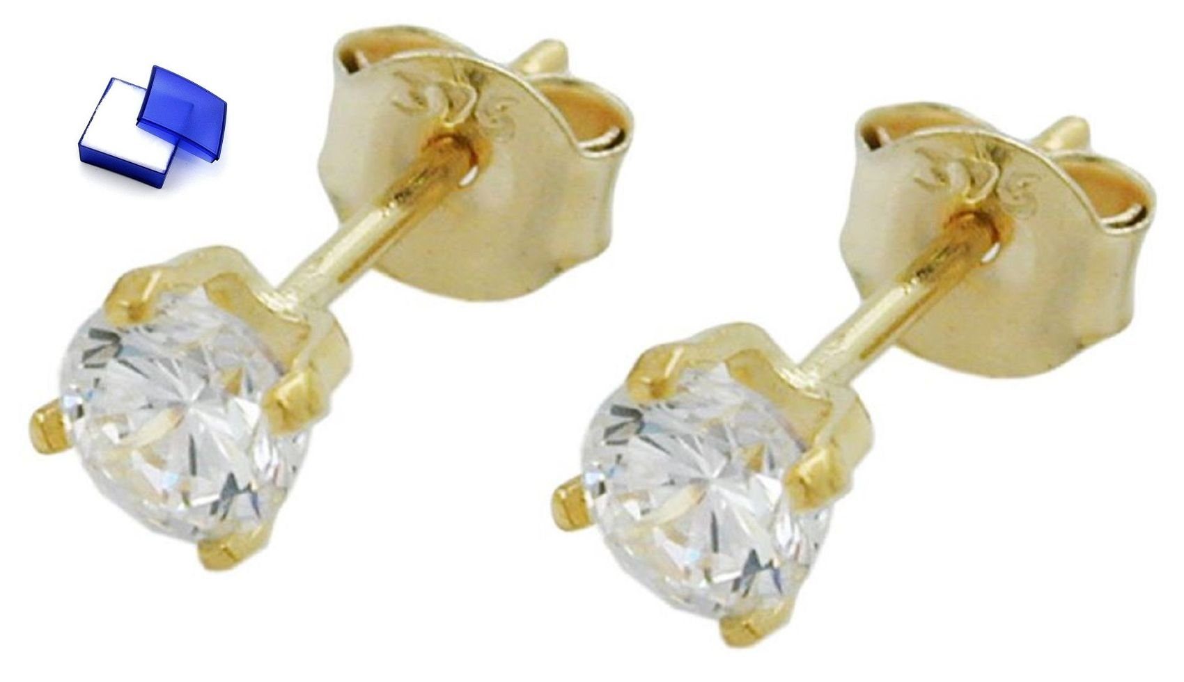 unbespielt Paar Ohrstecker Ohrringe 4 mm Zirkonia 375 Gold inklusive Schmuckbox, Goldschmuck für Damen und Herren