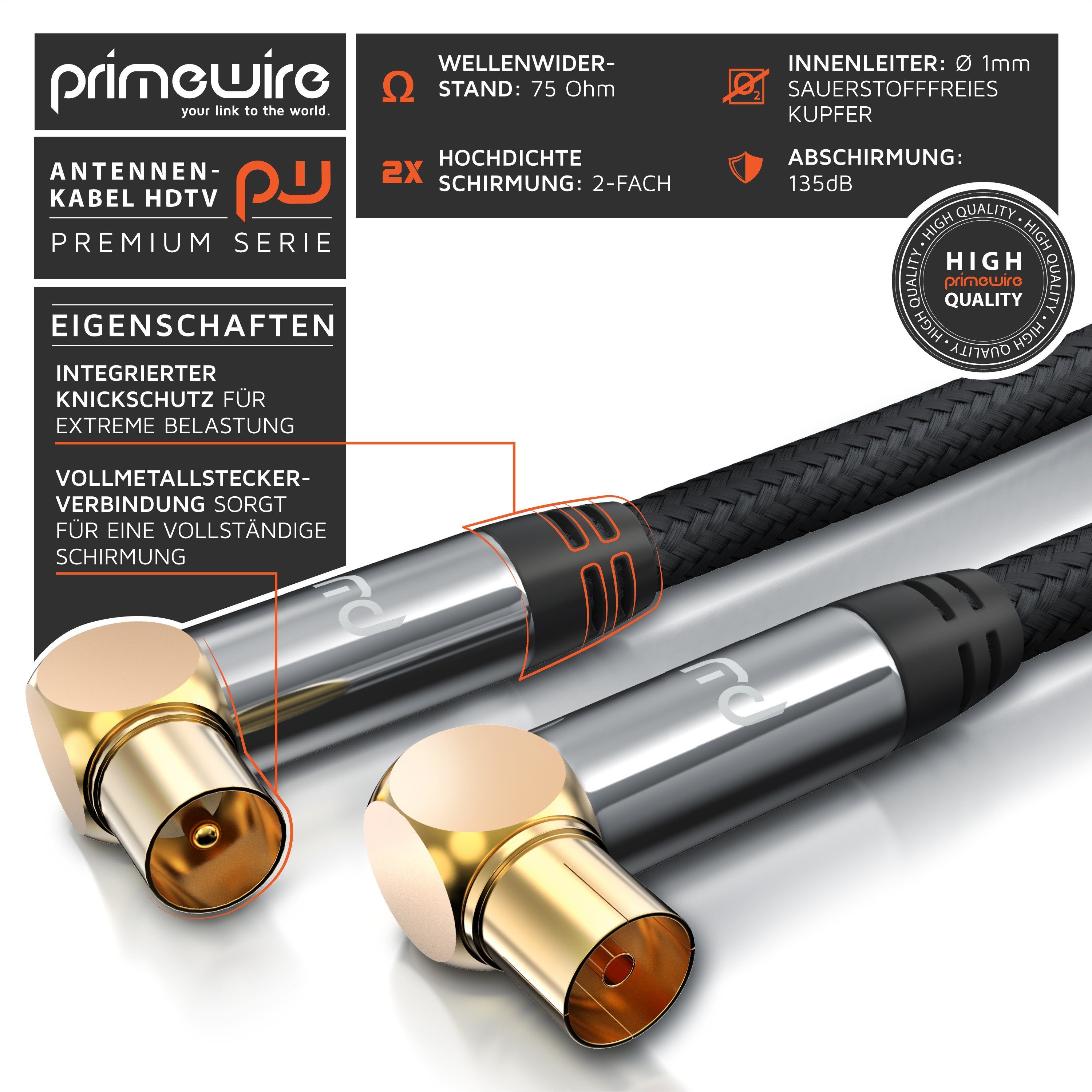 Primewire HDTV Antennenkabel gewinkelt, 2-fach Schirmung, 75 Ohm / 135 dB - 10m TV-Kabel, Koax, RF Buchse, IEC Stecker (1000 cm), Koaxialkabel, vergoldete Steck – Bild 5 von 5