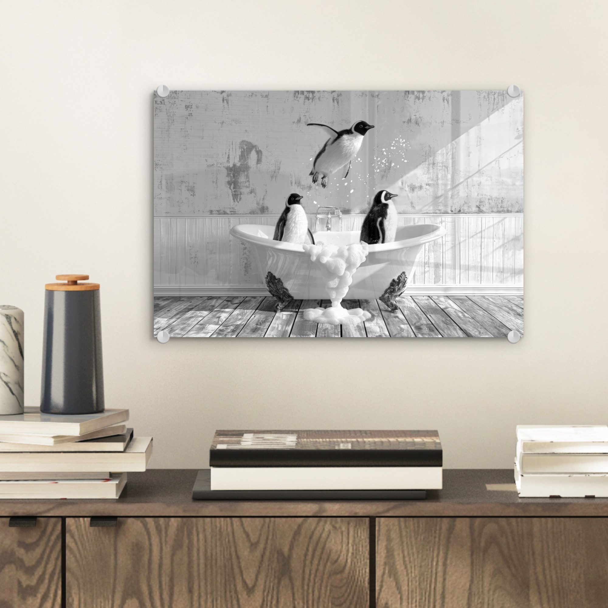 MuchoWow Acrylglasbild Pinguine - Vintage - Tiere - Schwarz - Weiß, Inkl. A günstig online kaufen