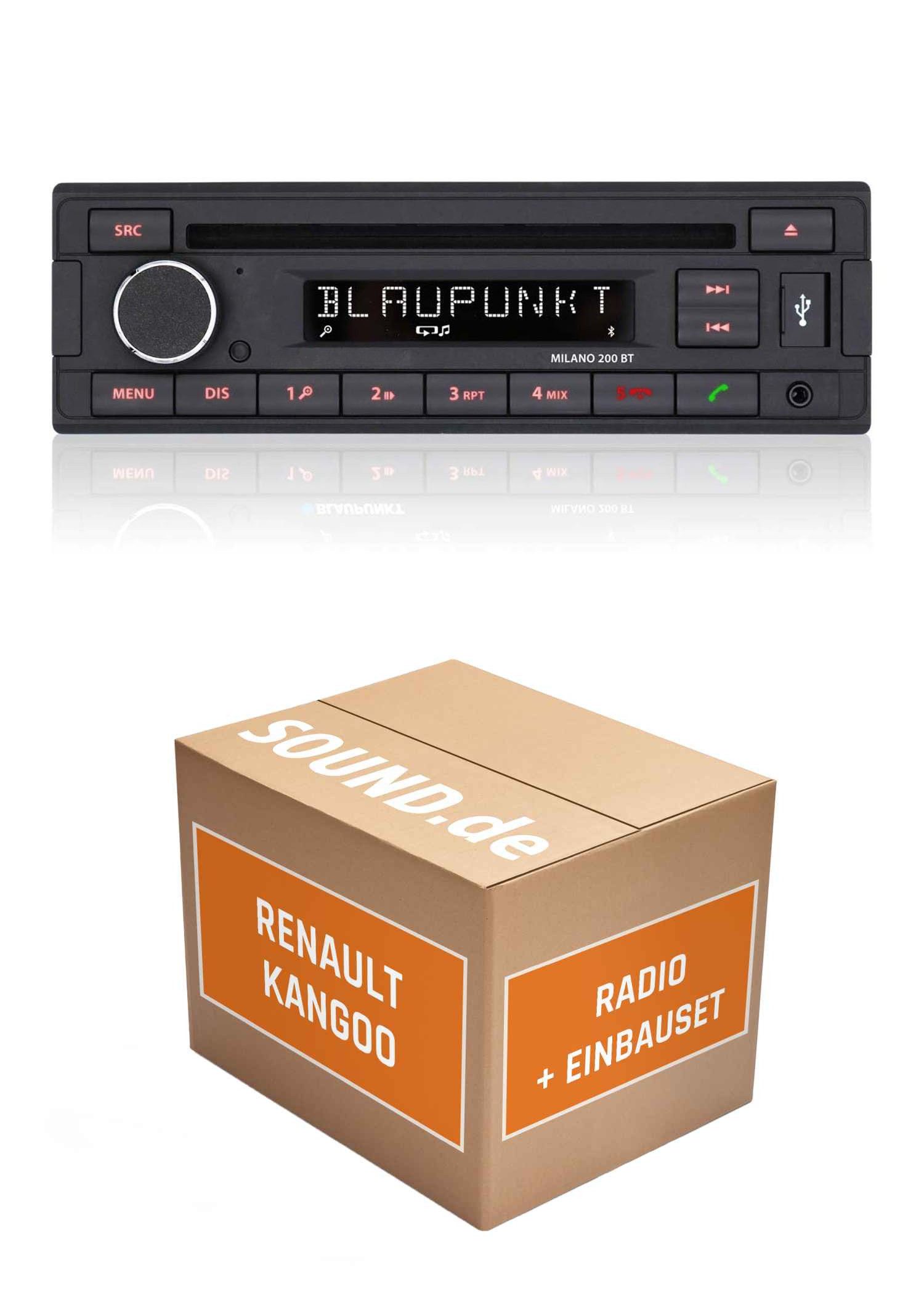 JUST SOUND best choice for caraudio Einbauset Blaupunkt Milano 200 BT für Renault Kangoo Typ W + Facelift Autoradio (RDS, AM/FM Radio, Animiertes Display, Bluetooth, AUX Eingang, 1 DIN)