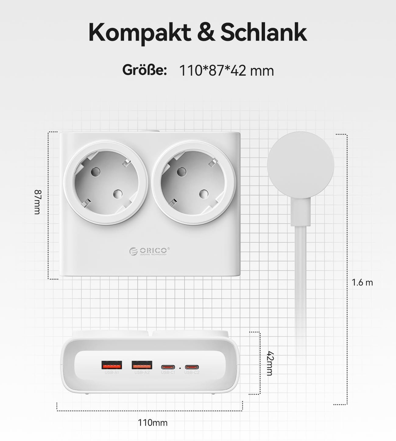 ORICO Steckdose USB 25W GaN Mehrfachsteckdose 6-in-1 Steckdosenleiste,2AC+2USB +2CPD, flacher 1,3 cm Stecke, 1-St., 1,6 m Kabel, 2500 W., für Haushalt & Büro – Bild 5 von 5