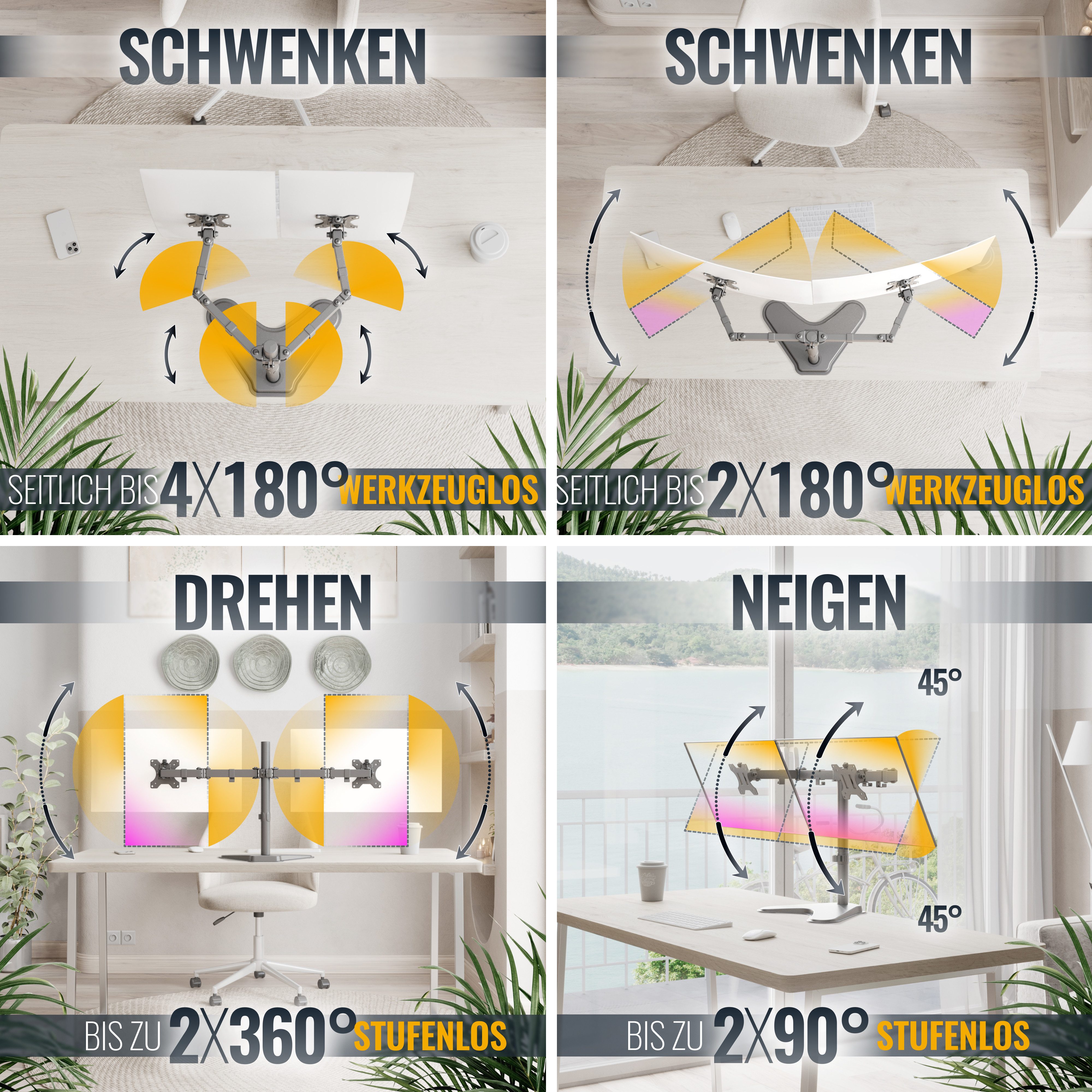 RICOO Monitor-Halterung Monitor Standfuß freistehend für 2x 13–32" Bildschirme TS7311, (bis 27 Zoll, VESA 75x75 und 100x100, 1-tlg., 8 kg Belastbarkeit pro Frontplatte, Von 33-69 cm (13"-27) Diagonale, neigbar +/-45°, schwenkbar bis 180°, drehbar 360° Dual Monitorständer)