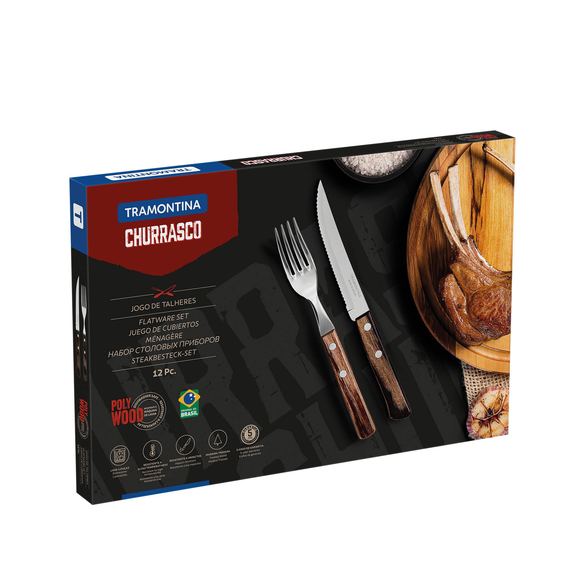 Tramontina Steakbesteck Pizzabesteck, 12-tlg. Set - mit FSC Holzgriff (12-tlg), 6 Personen, Edelstahl, scharfe Klinge, FSC Echtholzgriffe, spülmaschinenfest