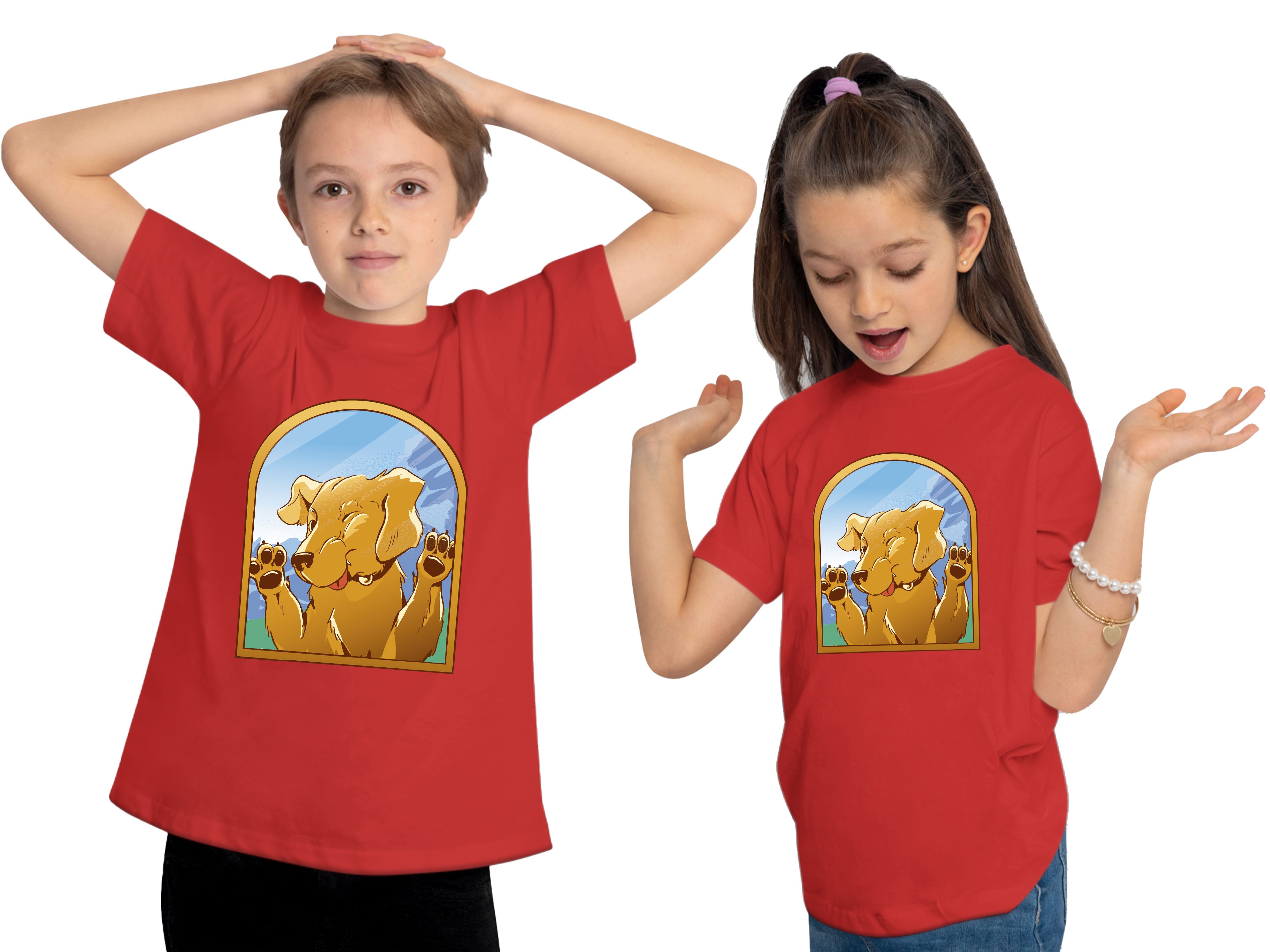 MyDesign24 Print-Shirt bedrucktes Kinder Hunde gegen Fenster mit T-Shirt Aufdruck, Labrador i222 Baumwollshirt rot 