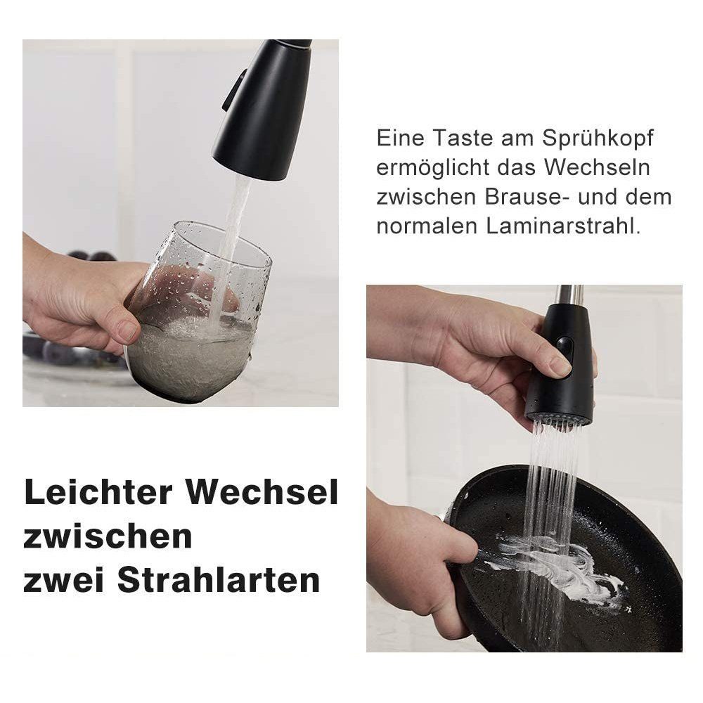 XERSEK Küchenarmatur Hochdruckhahn Zapfhahn Stahl Küche ausziehbarer (Hoher Spültischarmatur aus mit rostfreiem Schwarz Düse Druck) für
