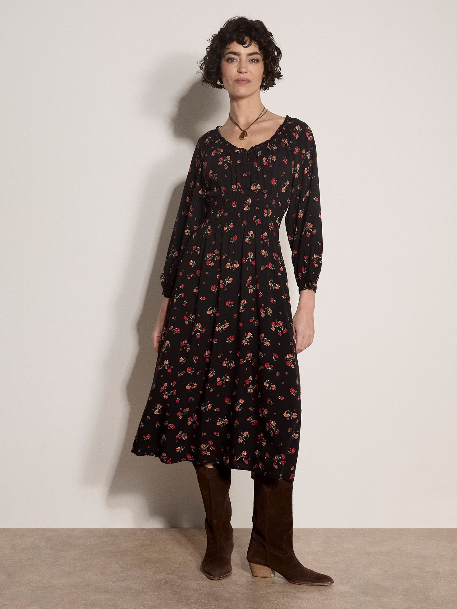 Apricot Midikleid Blumenkleid mit Rüschen