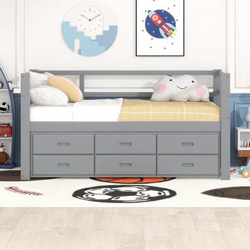SOFTWEARY Einzelbett Holzbett mit 2. Schlafgelegenheit, Lattenrost und 3 Schubladen (90x200 cm), aus Kieferholz