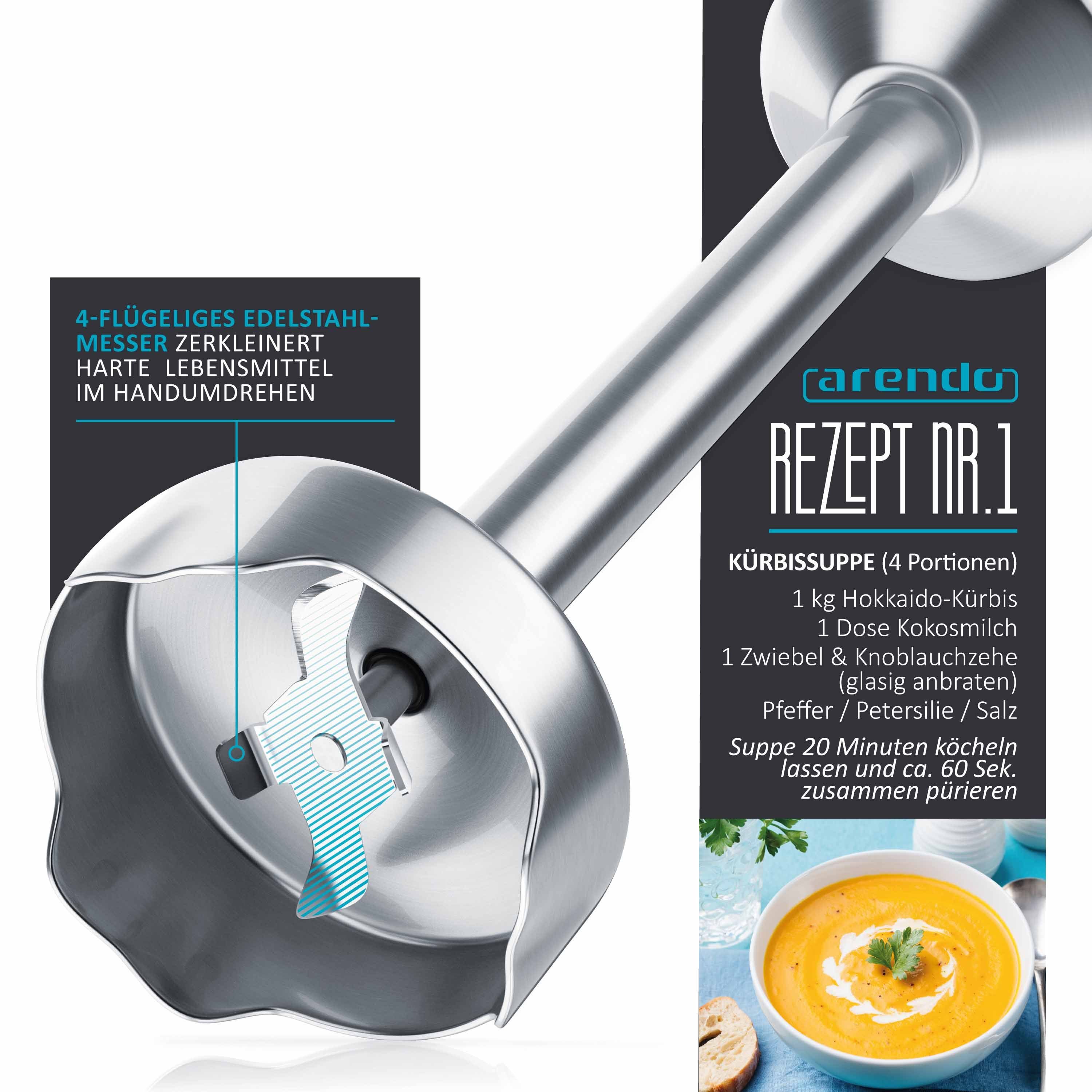 Arendo Stabmixer Edelstahl Pürierstab mit Messbecher, Handmixer, stufenlose Regelung, 1000 W, Turbotaste, Abnehmbarer Mixfuß, GS-Zertifiziert