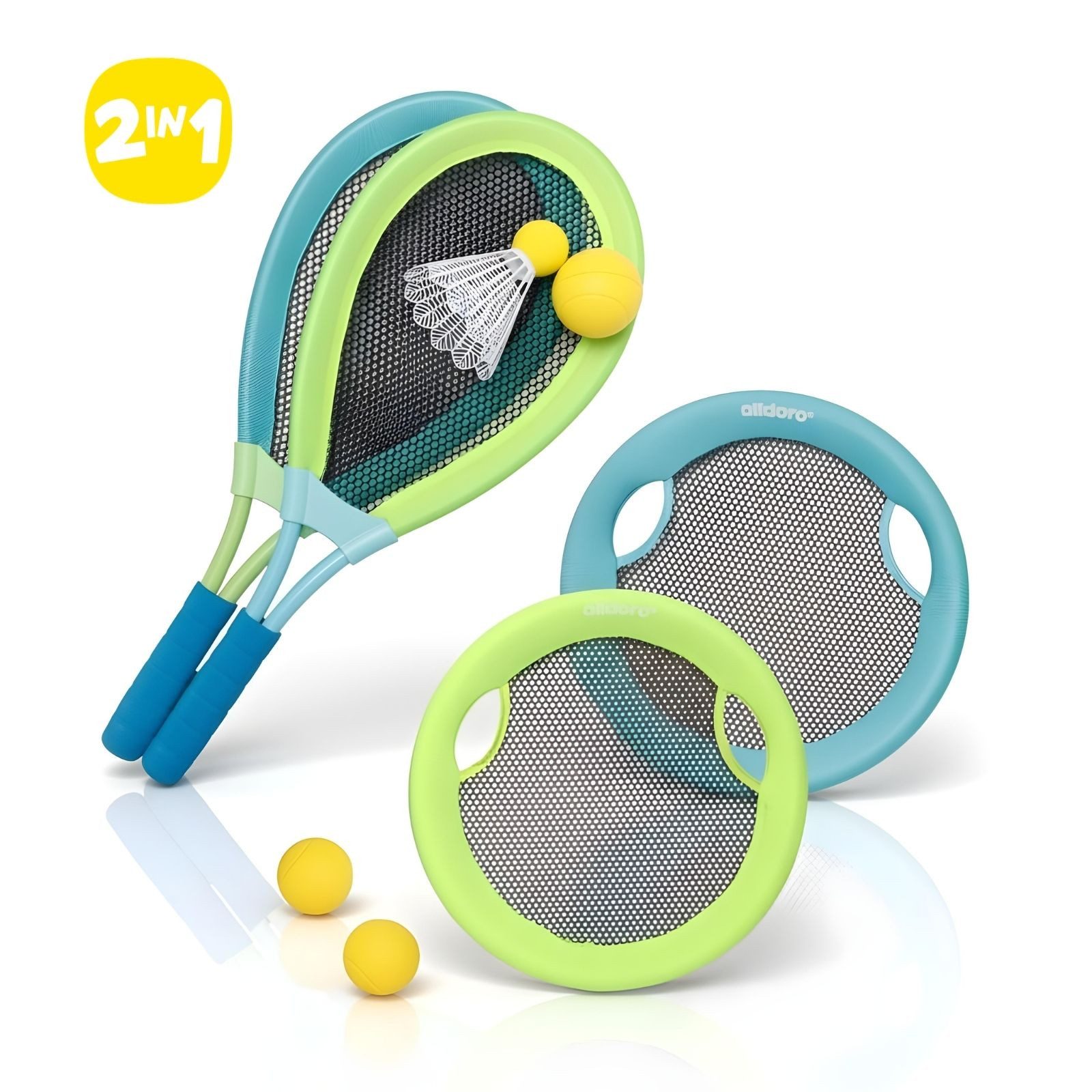 alldoro Beachballschläger 4 in 1 Beachball-Set, Federball, Softtennis, Wurfdisc & Beach-Tennis, 4 Outdoorspiele für Kinder & Erwachsene, für Garten, Strand & Park