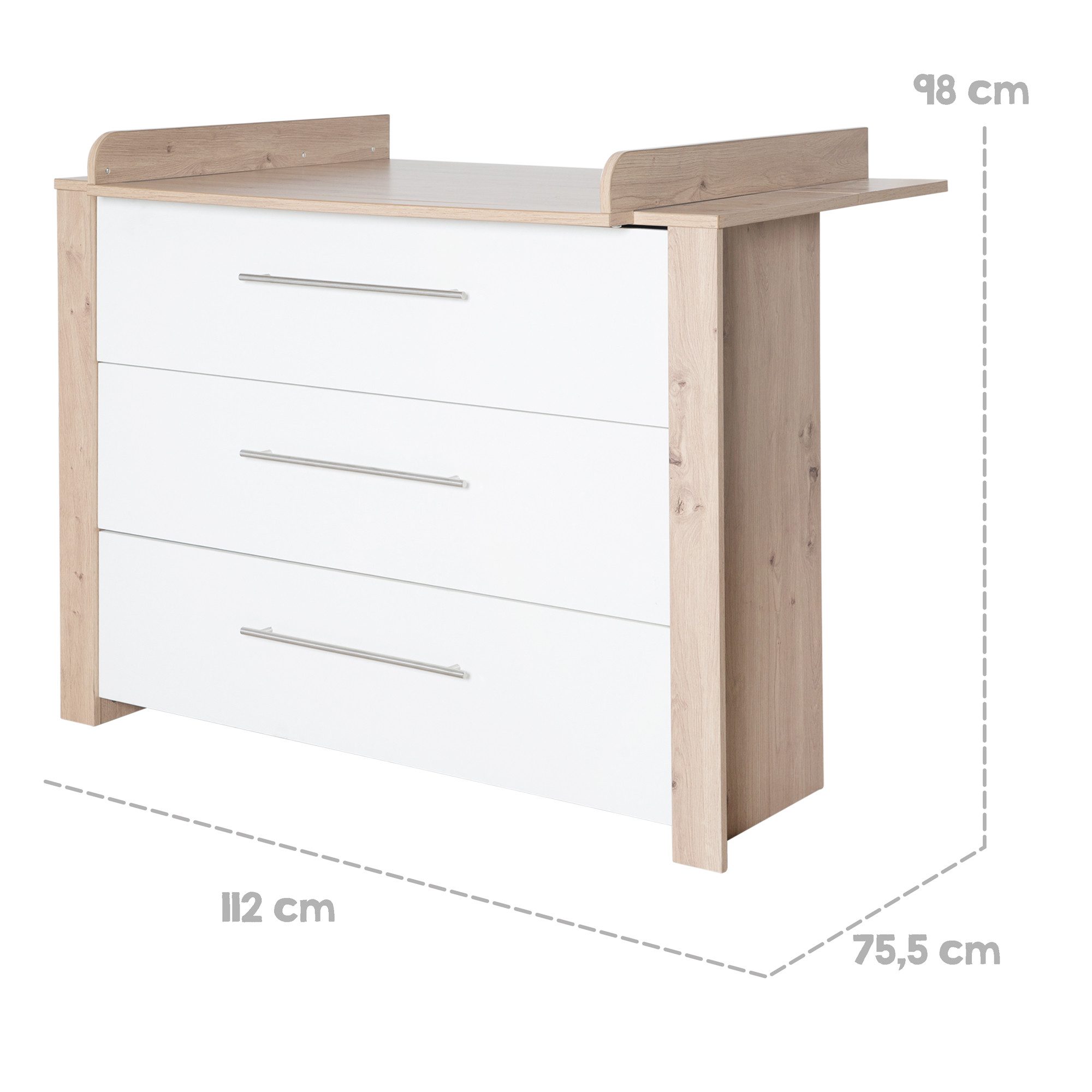 roba® Wickelkommode Malo, moderne Wickelkommode, weiß lackiert / Artisan Eiche, Wickeltisch aus Holz, 3 Schubladen mit Vollauszug & Schubladendämpfung