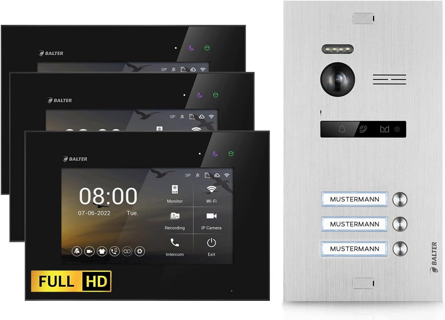 Balter Video-Türsprechanlage HD Video Türsprechanlage für 3 Familienhaus, 3x Monitor (Mehrfamilienhaus, Komplettset, 3-tlg., 3 Familienhaus, Full HD Kamera, 175 Grad Weitwinkel)