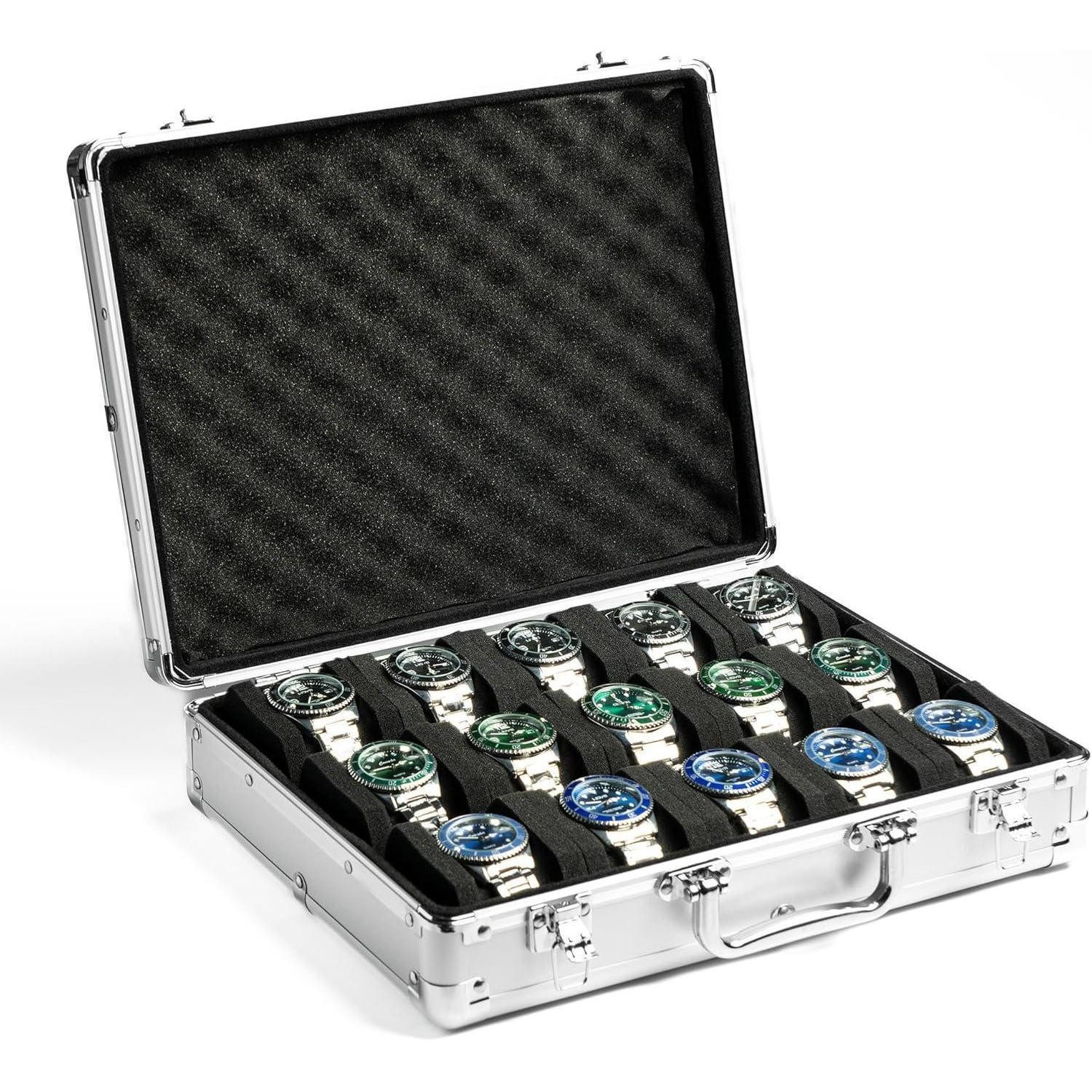 LuxusKollektion Uhrenetui Uhrenrollen Etui Uhrenkissen Silberfarbenes Aluminium 15 Fächer