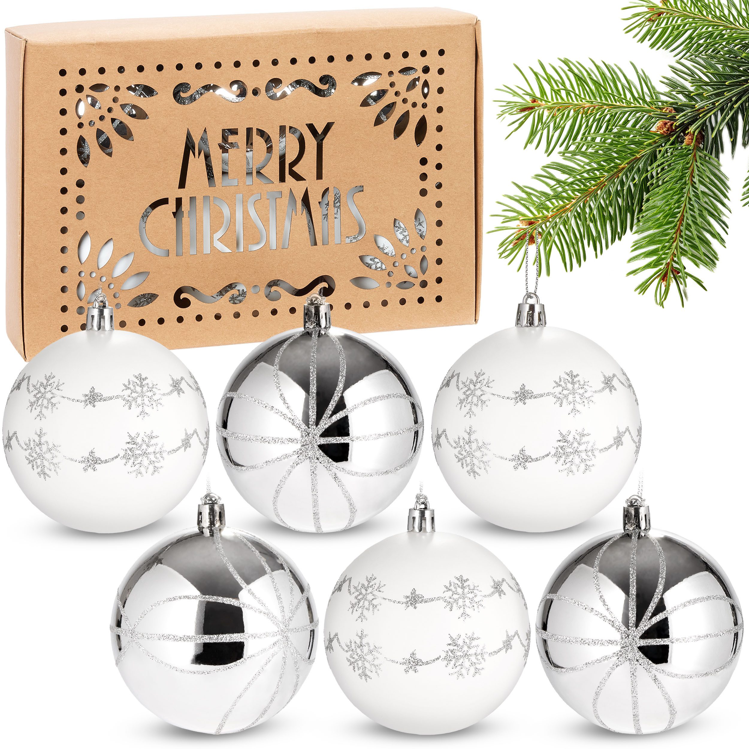 BRUBAKER Weihnachtsbaumkugel 6er Set Weihnachtskugeln - 8 cm Christbaumkugeln (6 St), Baumkugeln für Weihnachtsdeko - handbemalte Weihnachtsbaumkugeln