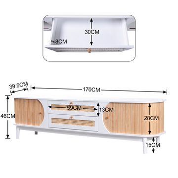MODFU TV-Schrank Lowboard (TV-Schrank mit Türen und Schubladen, TV-Ständer mit Rattanseiten) Natürlicher Landhausstil.
