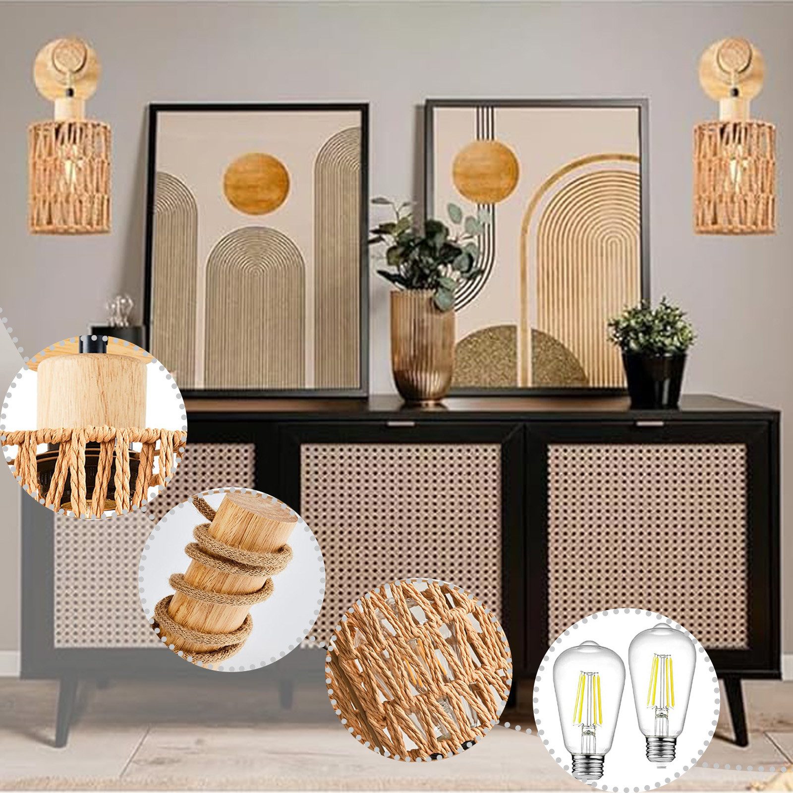 Jibenhome LED Nachtlicht Boho Rattan Wandleuchte günstig online kaufen