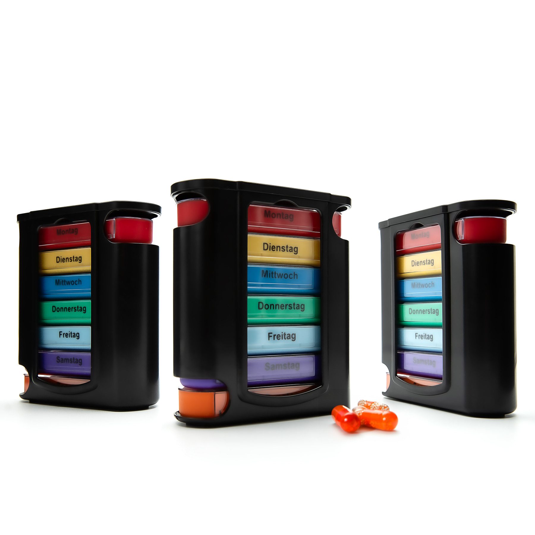 BigDean Pillendose 3 Stück Tablettenbox Schwarz 7 Tage Morgens, Mittags, Abends & Nachts (Set, 3 St., Tablettendosenturm), Tablettendosenturm, 7 tage Sortierdosen, BPA-Frei, Lebensmittelecht.