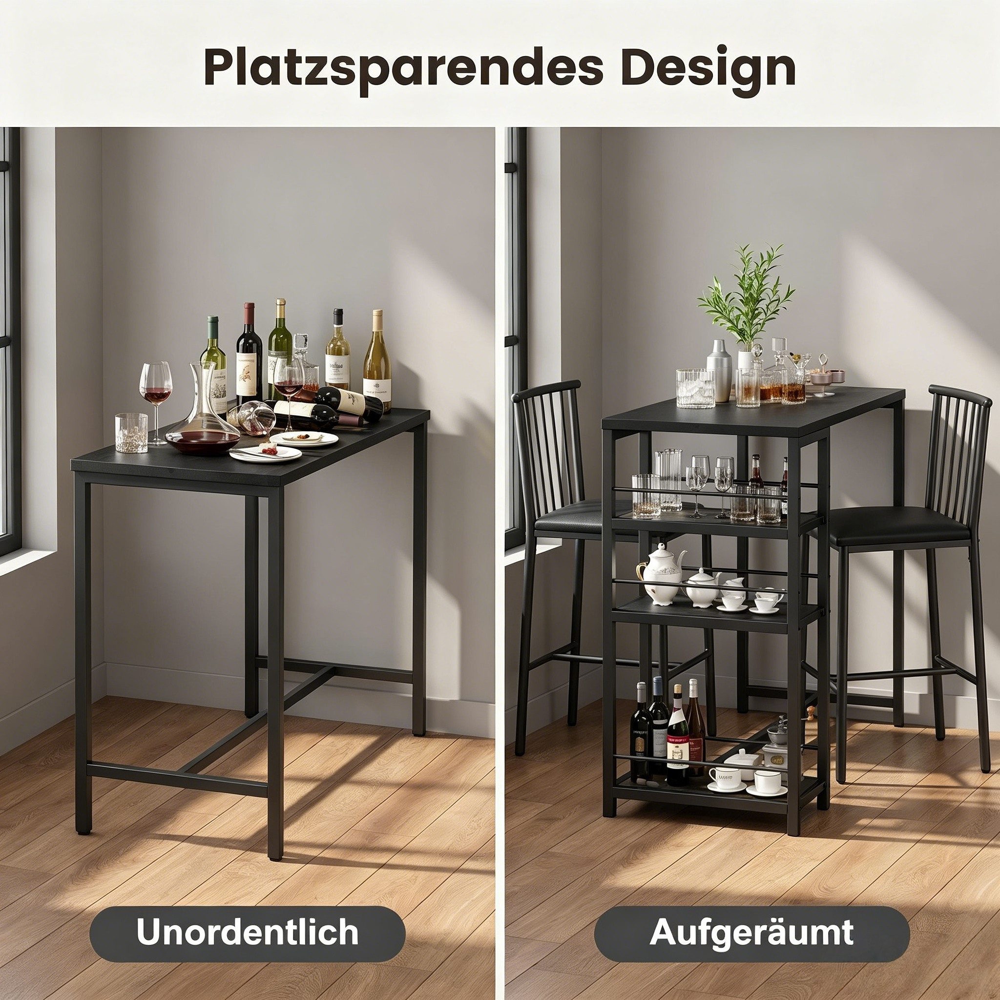 Blishom Bartisch 3-tlg Bartisch-Set, Esstisch Set für 2 Personen, Platzsparendes Stehtisch-Set mit Stauraum