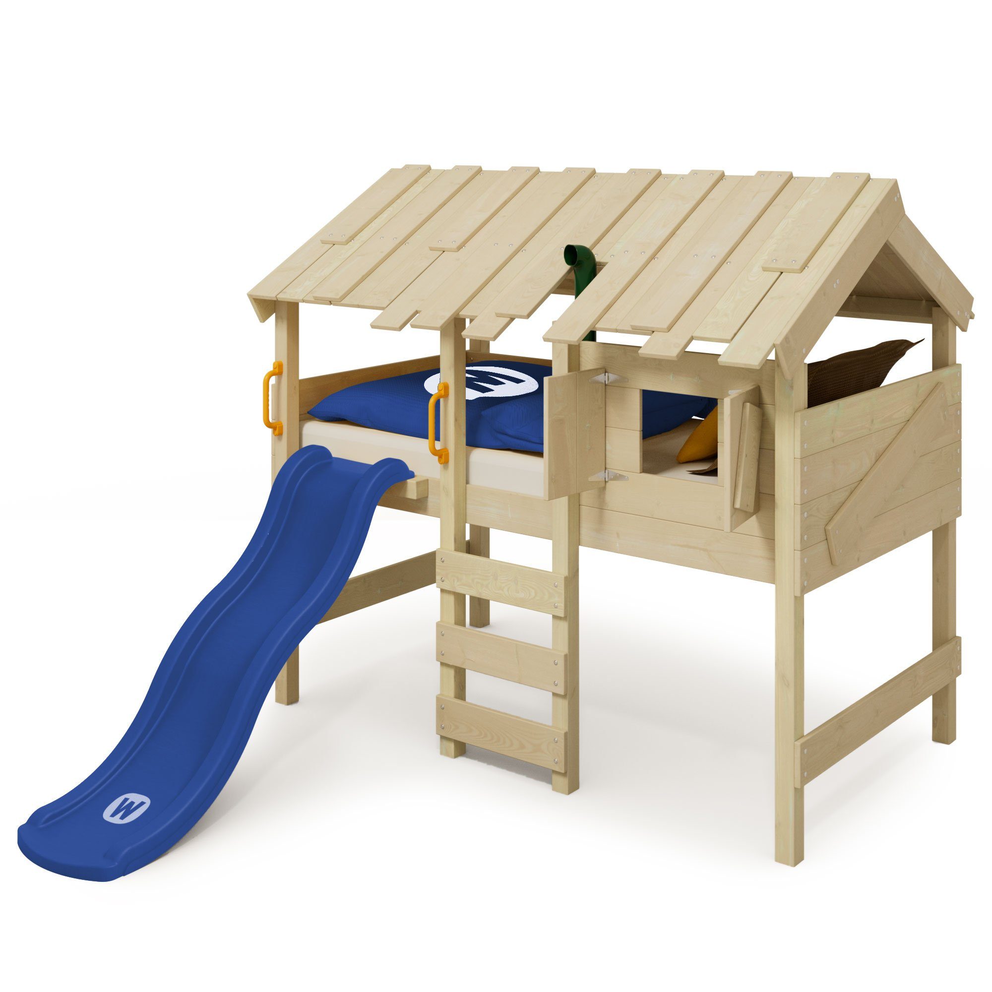 Wickey Kinderbett CrAzY Lagoon - Spielbett mit Rutsche 90 x 200 cm, Etagenbett (Holzpaket aus Pfosten und Brettern, Spielhochbett für Kinder), Massivholzbrett blau