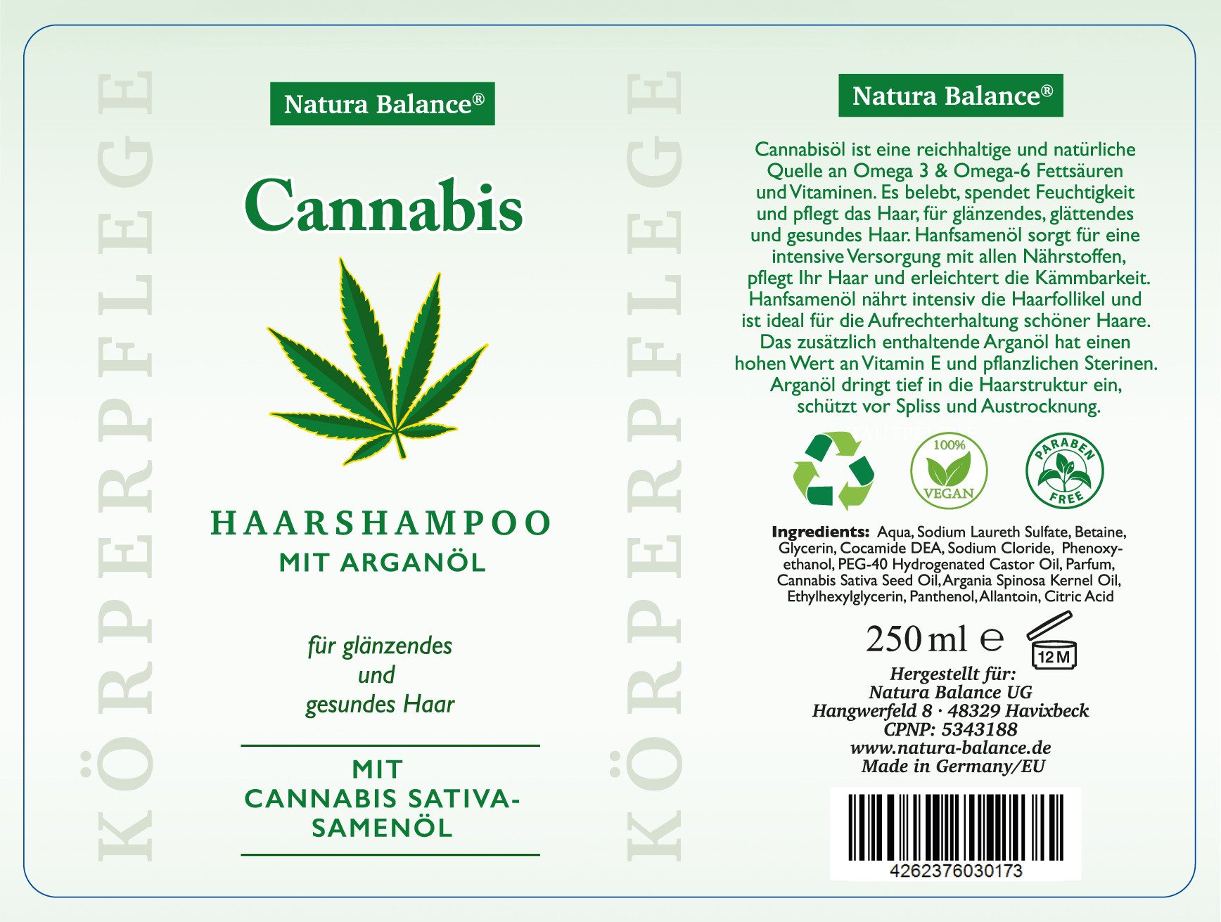 Natura Balance Haarshampoo 3x 250ml Shampoo Cannabis Arganöl Hanföl Haarpflege Pflege, Haarshampoo Arganöl Cannabis Hanföl