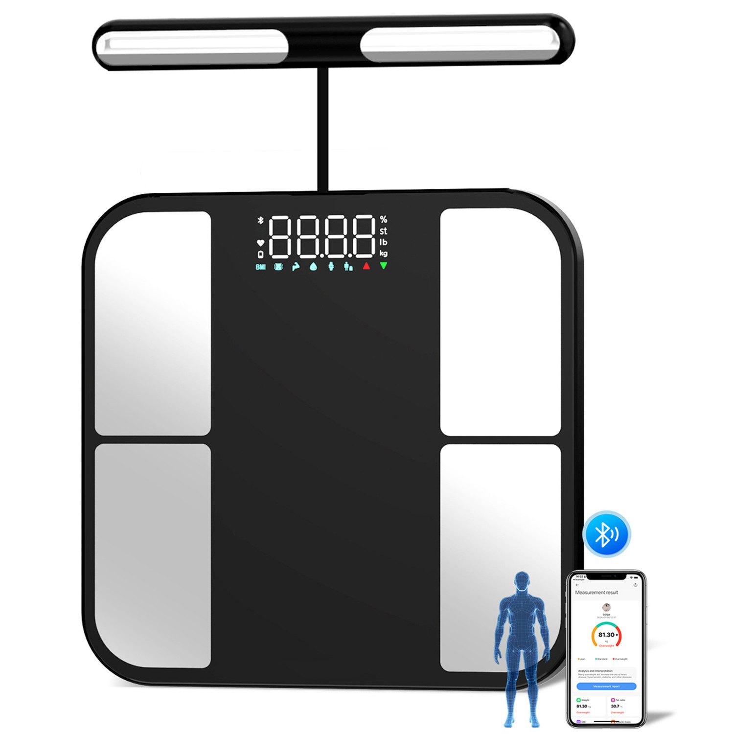 OYLCDI Körper-Analyse-Waage Messung von Körperfett, Muskelanteil, Kalorienanzeige usw., mit App zur Übertragung und Tracking der Messwerte, Full Body Scan, BMI, Körperfett, Wasser & Muskelanteil, bis zu 180 kg