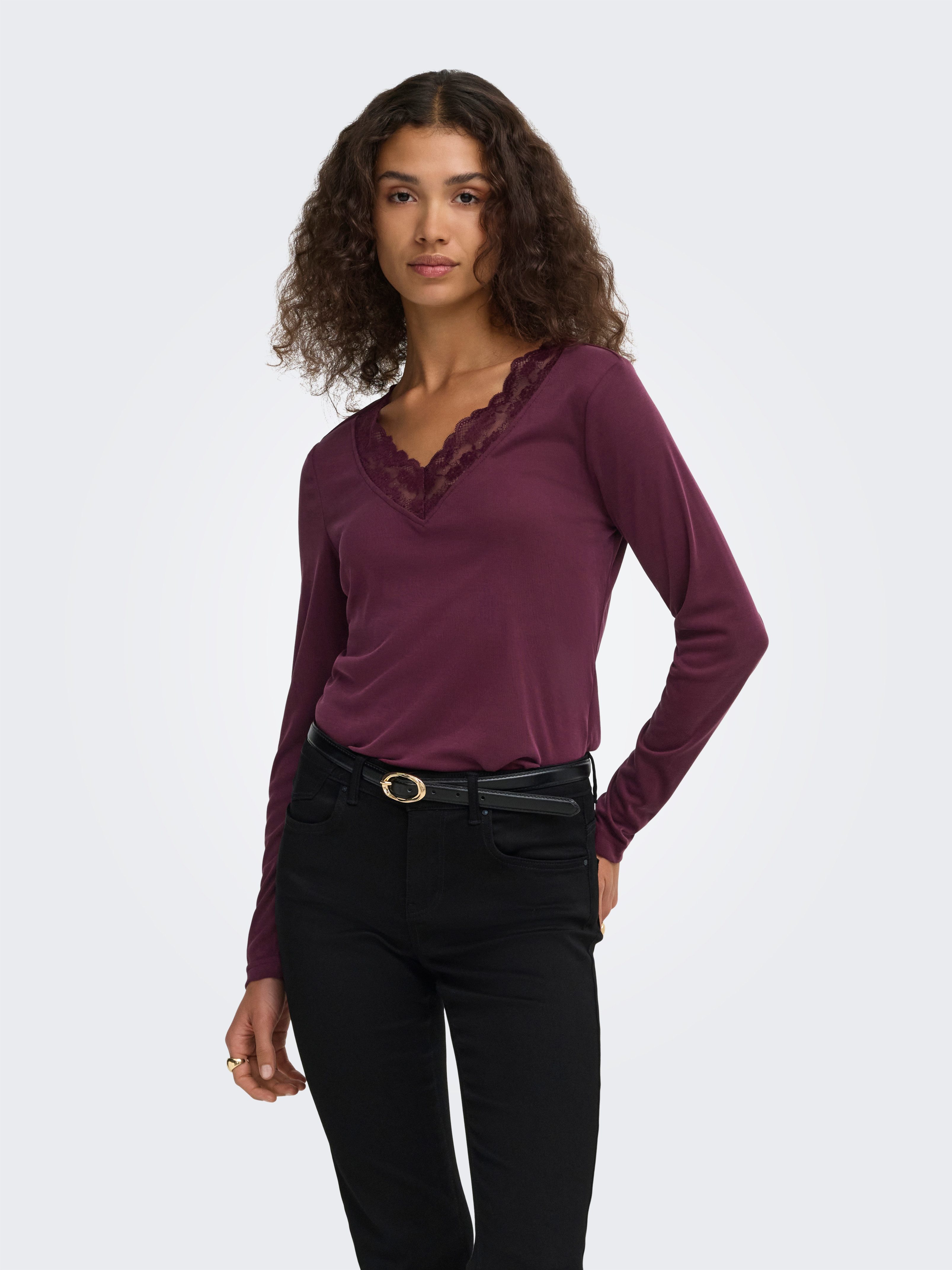 ONLY Langarmshirt ONLIDA L/S V NECK LACE TOP CS JRS Viskosemischung, regular fit