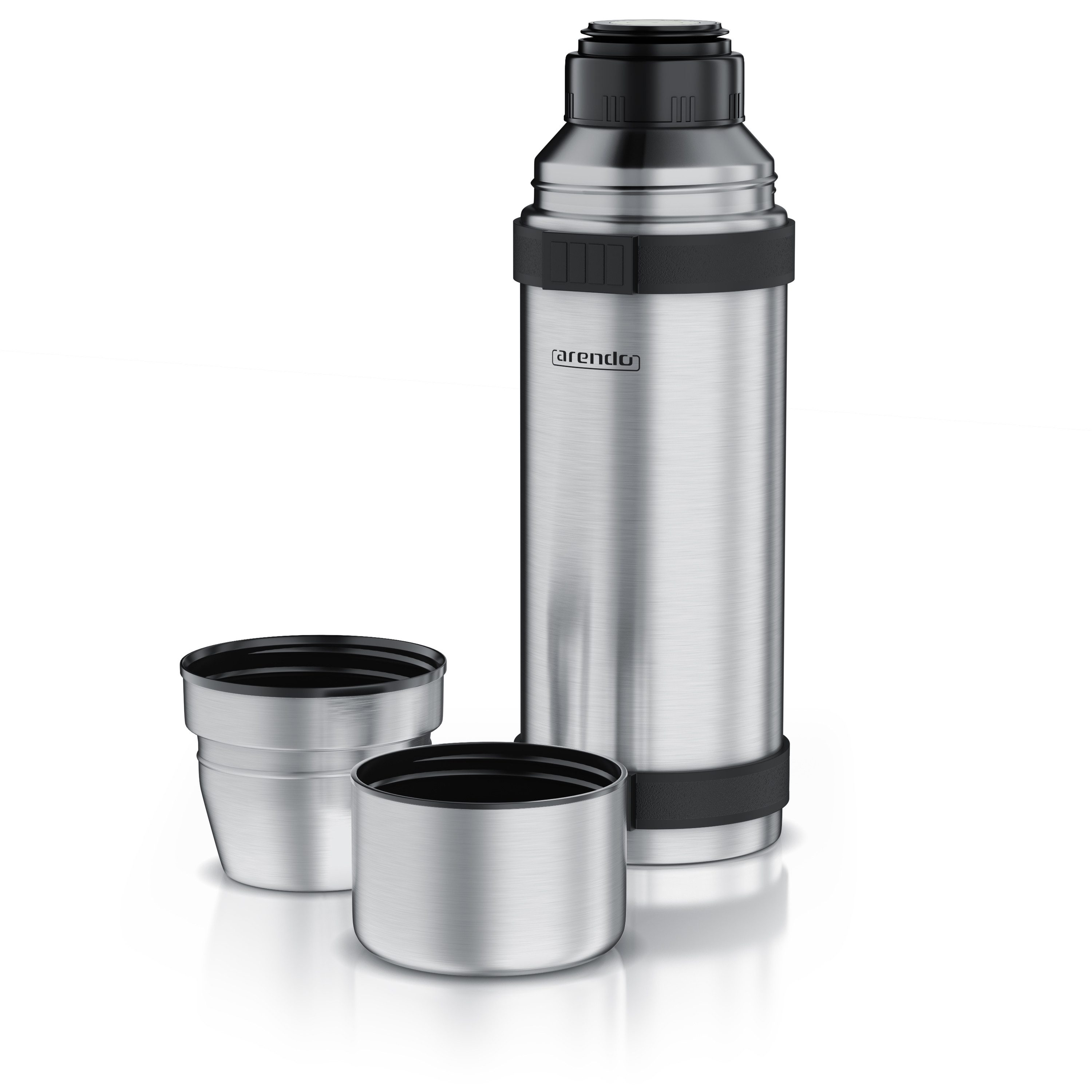 Arendo Thermoflasche 1 L Isolierflasche mit 2 Tassen, Edelstahl Trinkflasche für Unterwegs, inkl. 2 Becher, hält stundelang kalt & warm, BPA-frei, auslaufsicher