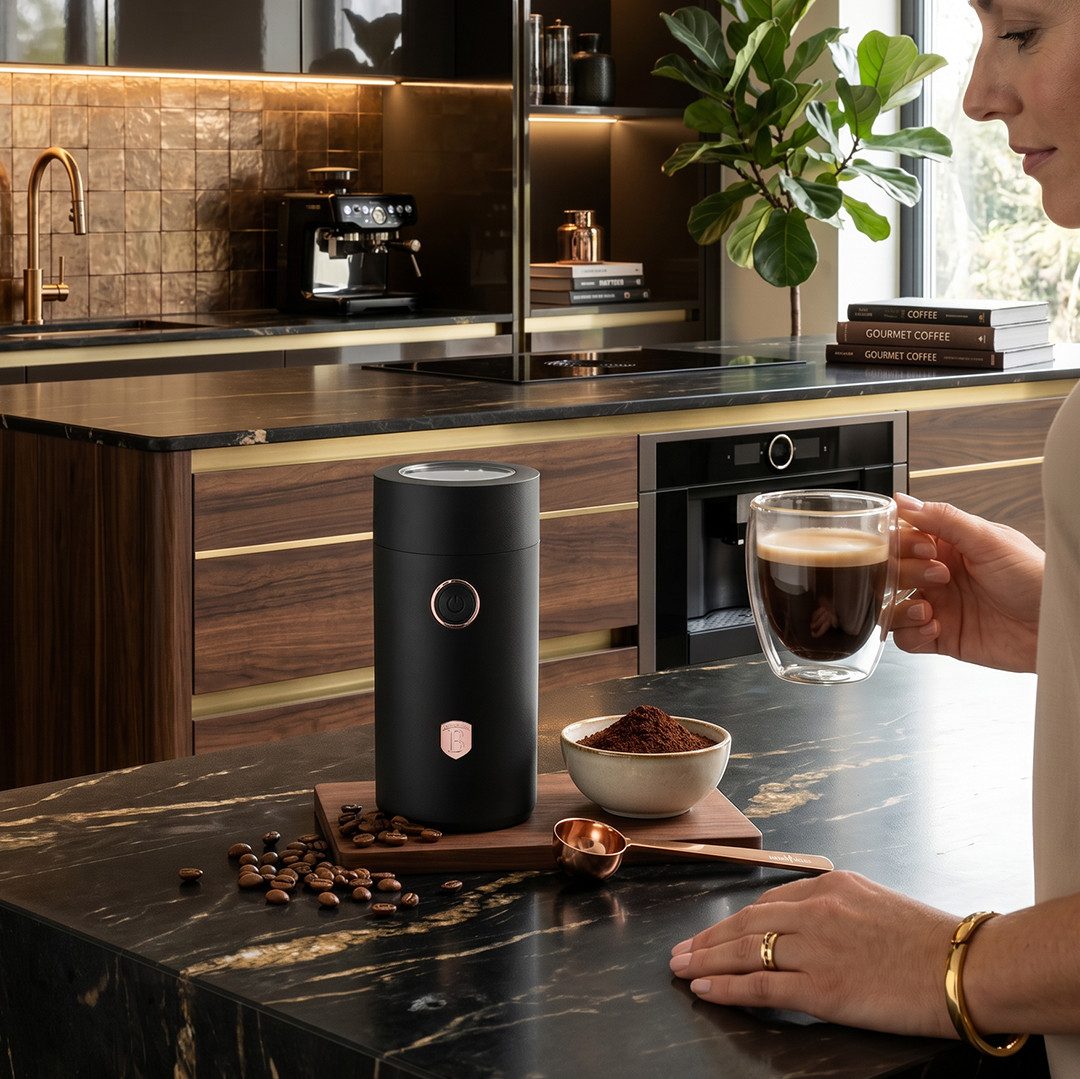 Berlinger Haus Kaffeemühle Schwarz-Roségold, 150 W, Schlagmesser, 75 g Bohnenbehälter, 150 W, Edelstahlklingen, Gewürz- und Nussmühle, One-Touch-Bedienung
