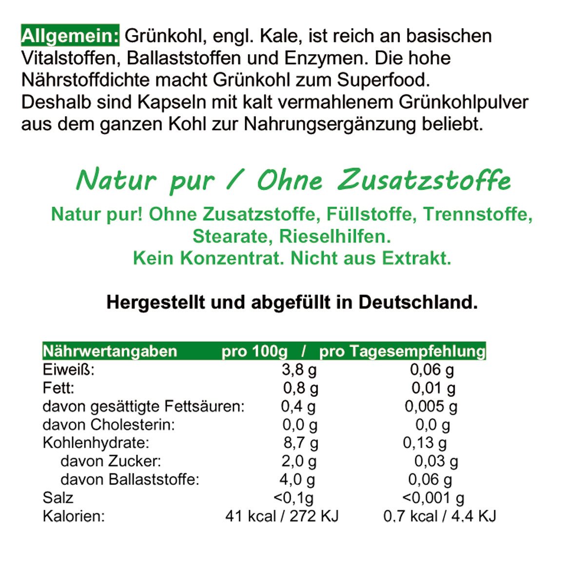VitalLife Grünkohl Kale LUTEIN & SULFORAPHAN Natur pur OHNE Zusatzstoffe Kapseln, 1 er Dose à 120 St., 60 g, Art. 26695-120