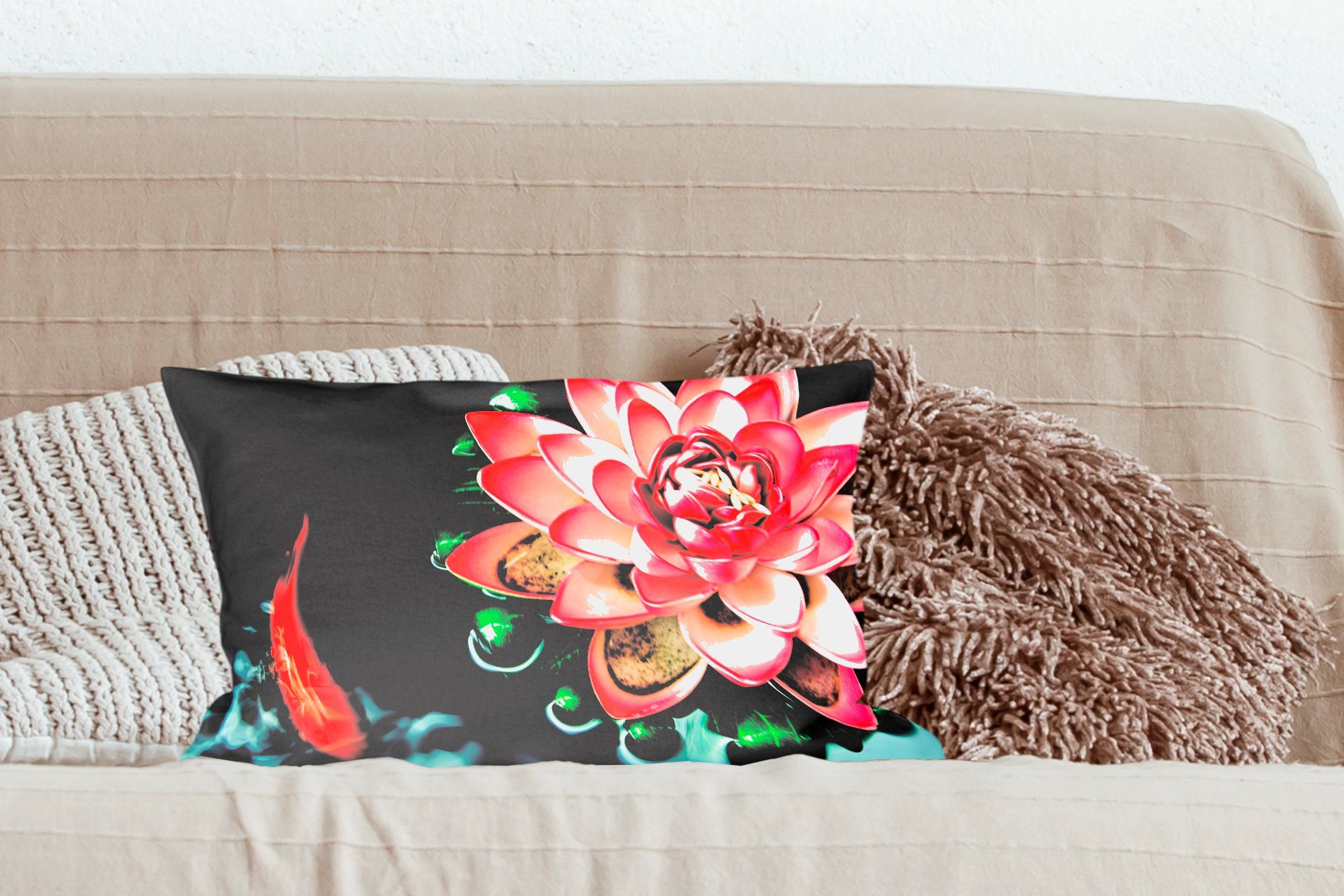 MuchoWow Dekokissen Ein Koi-Karpfen Füllung, Wohzimmer Schlafzimmer Blume, mit Dekoration, Dekokissen rosa einer Zierkissen, mit