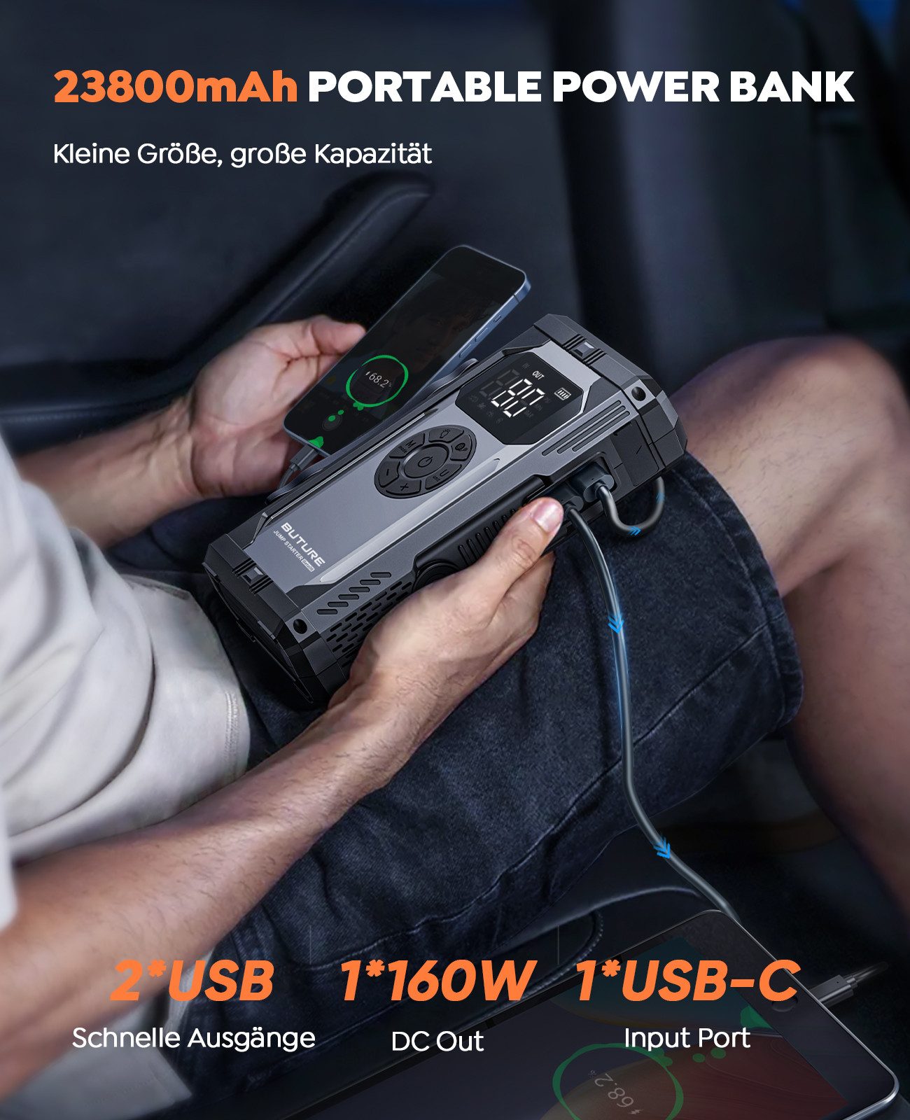 Buture 4000A Starthilfe Powerbank, 23800 mAh Starthilfegerät Starthilfegerät 23800 mAh, 12V Starter Powerbank, mit USB Ausgänge und LED-Notlicht, Reifenfüller