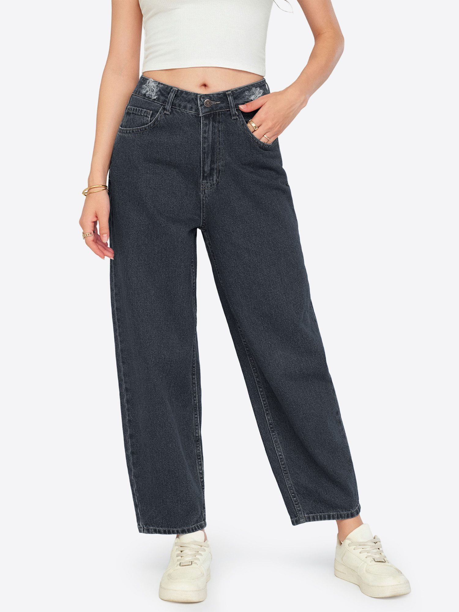 Mom-Jeans Damen hochtaillierte Loose-fit-Jeans mit Destroyed-Details