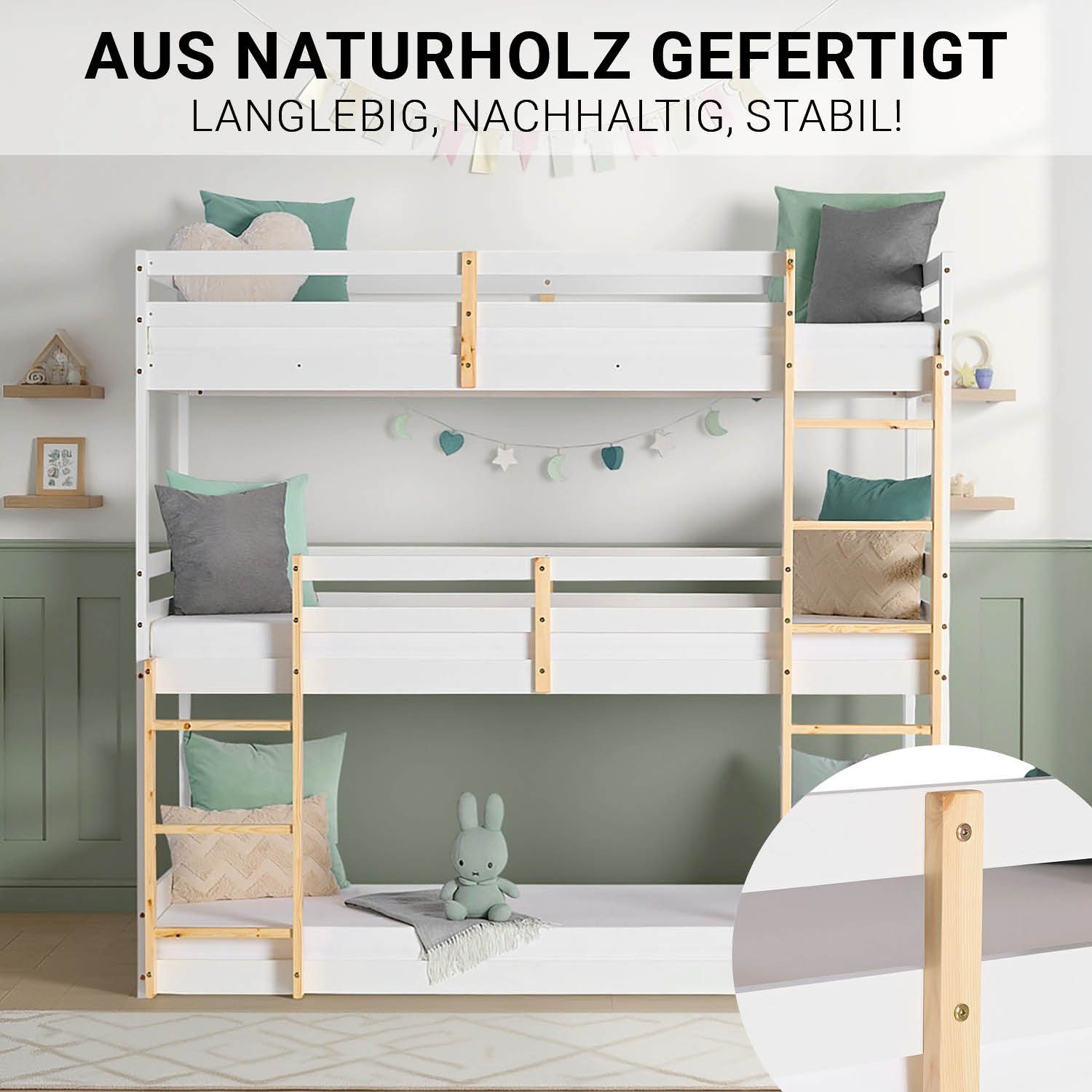 Homestyle4u Etagenbett 90x200 Hochbett Kinderbett Weiß Natur 3 Kinder Doppelstockbett Treppe (Set, mit Bettkasten/Schublade, Lattenrost, 3 Liegeflächen, 2 Leitern), mit 3 Liegeflächen