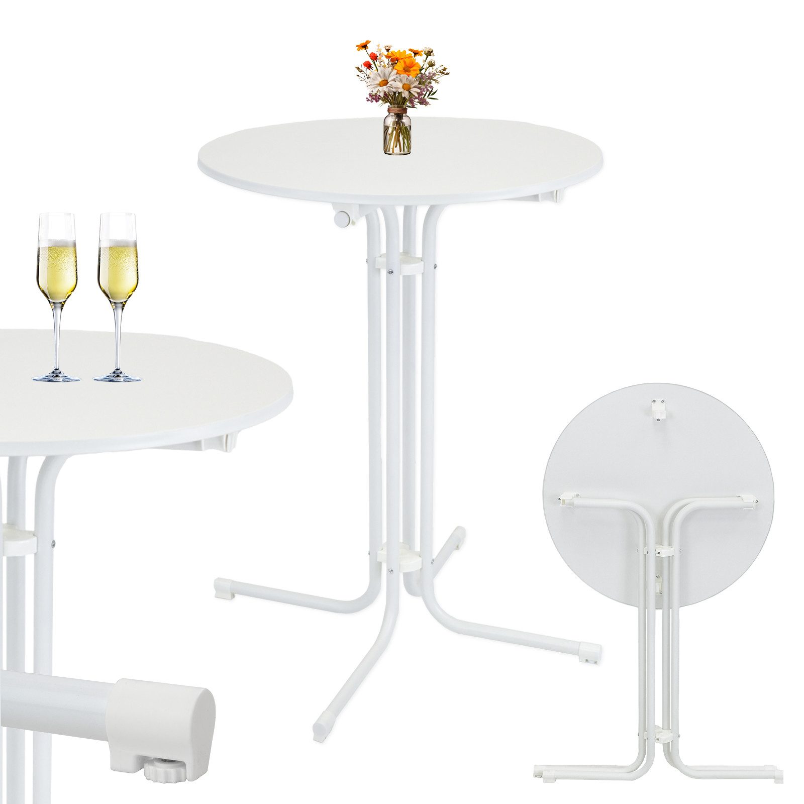TRUTZHOLM Stehtisch klappbar Ø 80 cm Höhe 110 cm Stahl MDF-Holz Bistrotisch in Weiß (1er)