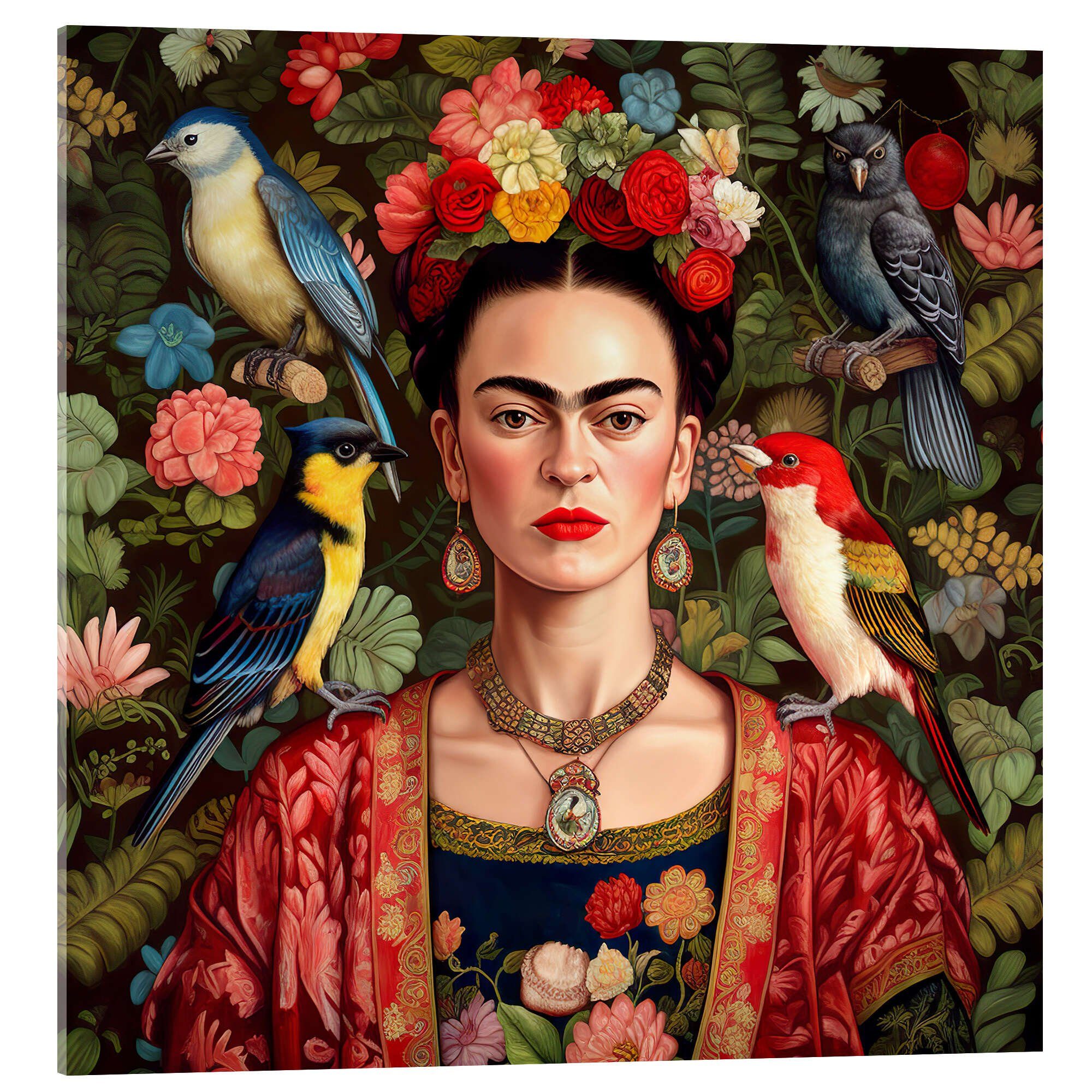 Posterlounge Acrylglasbild Mark Ashkenazi, Frida Kahlo mit exotischen Vögeln, Modern Malerei