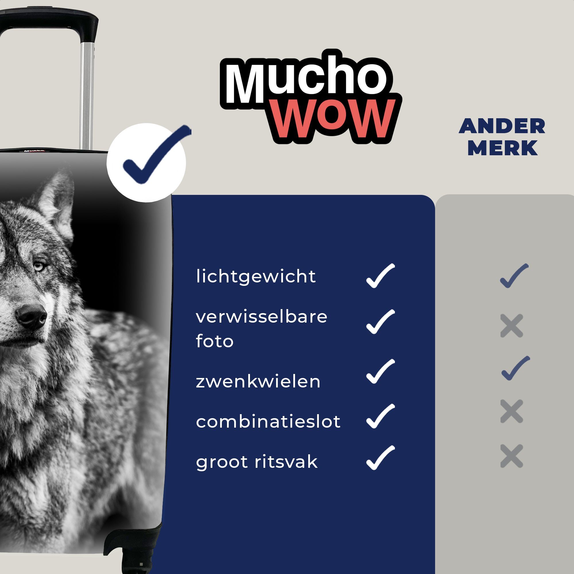 Trolley, Wolf Reisetasche Tiere mit Reisekoffer Ferien, Handgepäck Schwarz - für Handgepäckkoffer - Wild 4 Rollen, MuchoWow Weiß, - rollen, -