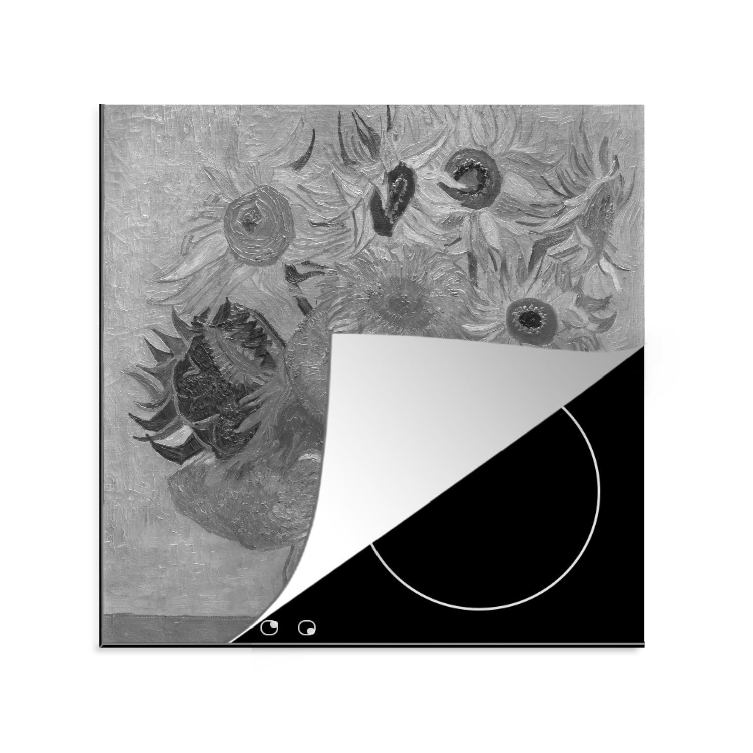 MuchoWow Herdblende-/Abdeckplatte Sonnenblumen - Vincent van Gogh - Schwarz - Weiß, Vinyl, (1 tlg), 78x78 cm, Ceranfeldabdeckung, Arbeitsplatte für küche