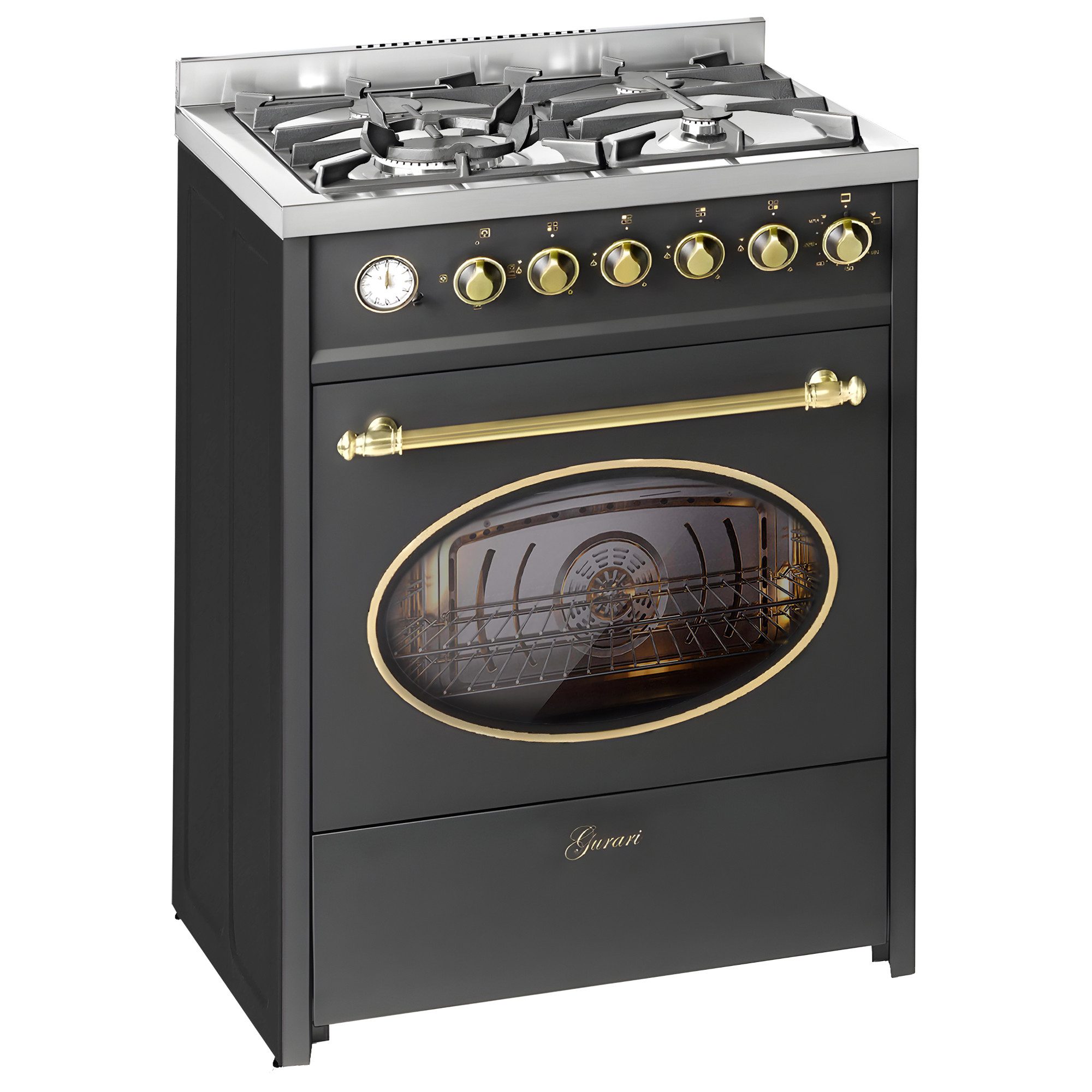 GURARI Gas-Standherd 60 cm Retro Gasherd mit Elektrobackofen 60 L, Schwarz, ErdgasFl.Gas E 614 BL r., mit 1-fach-Teleskopauszug, Gas Kochfeld mit WOK Brenner, Multi 8 Backofen, Heißluftsystem