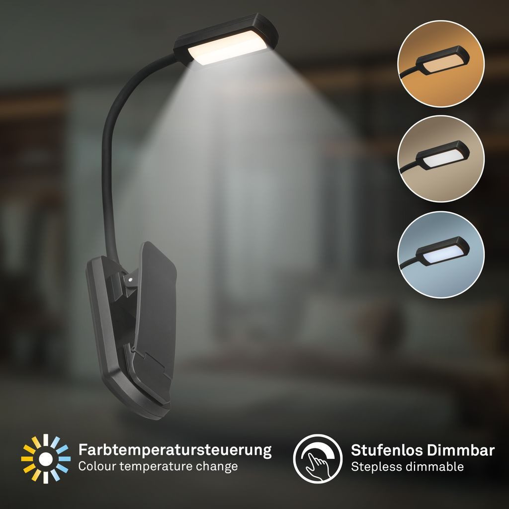 Briloner Leuchten Tischleuchte Klemmlampe kabellos Akku USB-C dimmbar CCT, LED fest integriert, 2700K - Extra-Warmweiß, 4000K - Neutralweiß, 6500K - Kaltweiß, 4x3x29 cm, Büro, Schlafzimmer, Wohnzimmer, Kinderzimmer
