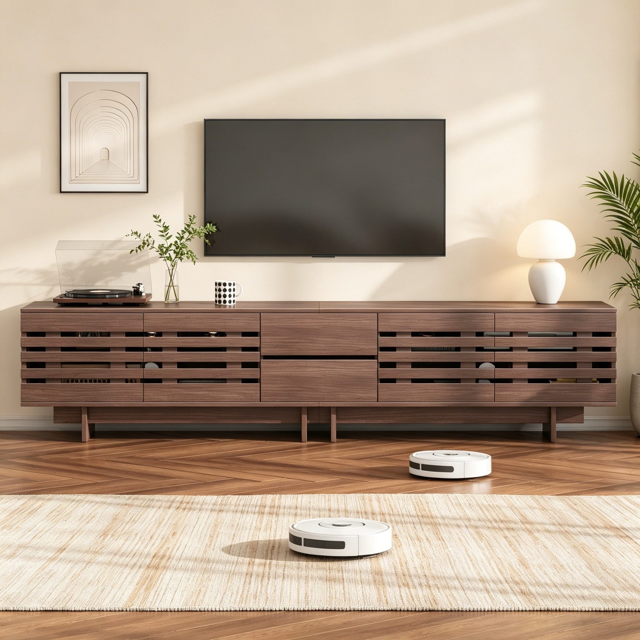 Odikalo TV-Schrank Lowboard Fernsehschrank mit Schubladen Staufächer (TV Lowboard für Fernseher bis zu 80 Zoll,4 Flügeltüren, 2 Schubladen, 6 Staufächer, Geeignet für das Wohnzimmer Schlafzimmer 200x39.5x55cm)