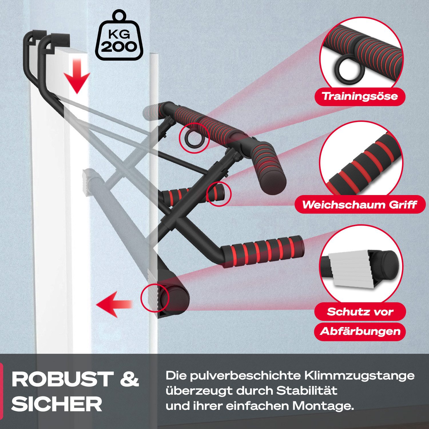 Sportstech Klimmzugstange Pullmate, Ohne Schrauben, bis 200 kg belastbar, Klappbar und verstaubar