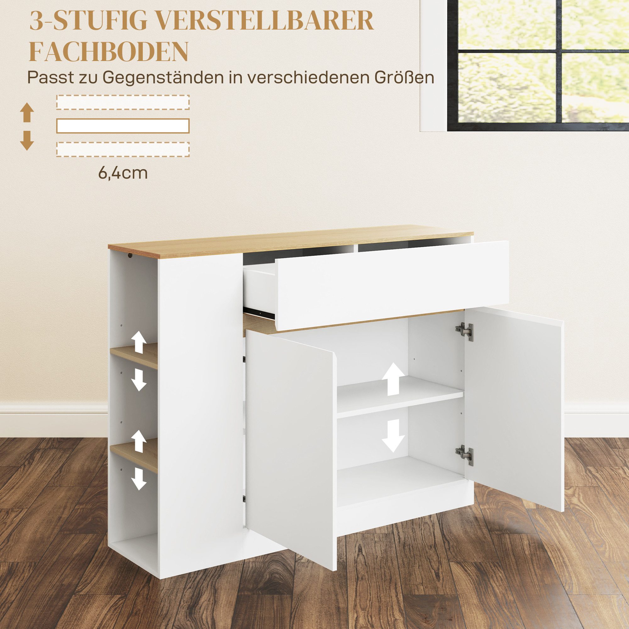 HOMCOM Sideboard Buffetschrank Scandi-Stil Mehrzweckschrank Kommode Wohnzimmer (Packung, 1 St., 1 Sideboard), Verstellbarer Einlegeboden, Kippschutz – Bild 5 von 5