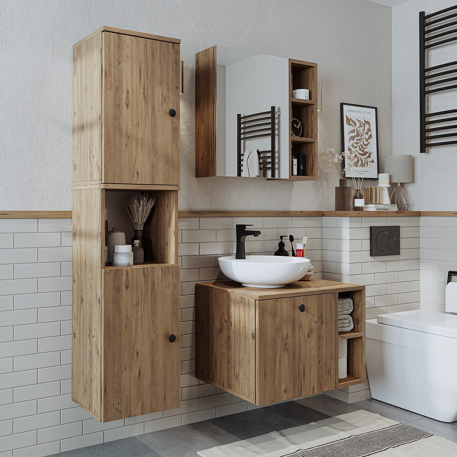 Roomart Badmöbel-Set LOTUS 65 cm, (modernes Badezimmer Set, 4- teilig, mit Keramik-Waschbecken, Spiegelschrank, Unterschrank & Seitenschrank)