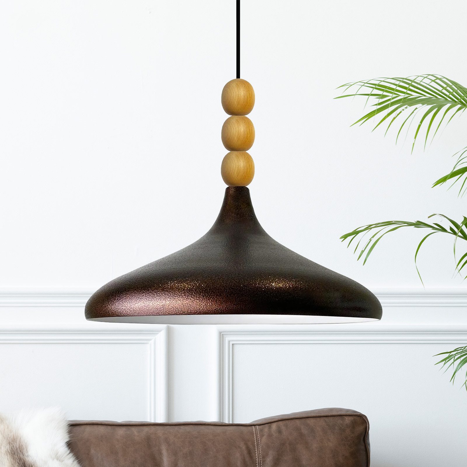 Bamyum Pendelleuchte Champion Dreifachperle-Holz Ø35 cm Metall E27 Modern Pendelleuchte, ohne Leuchtmittel