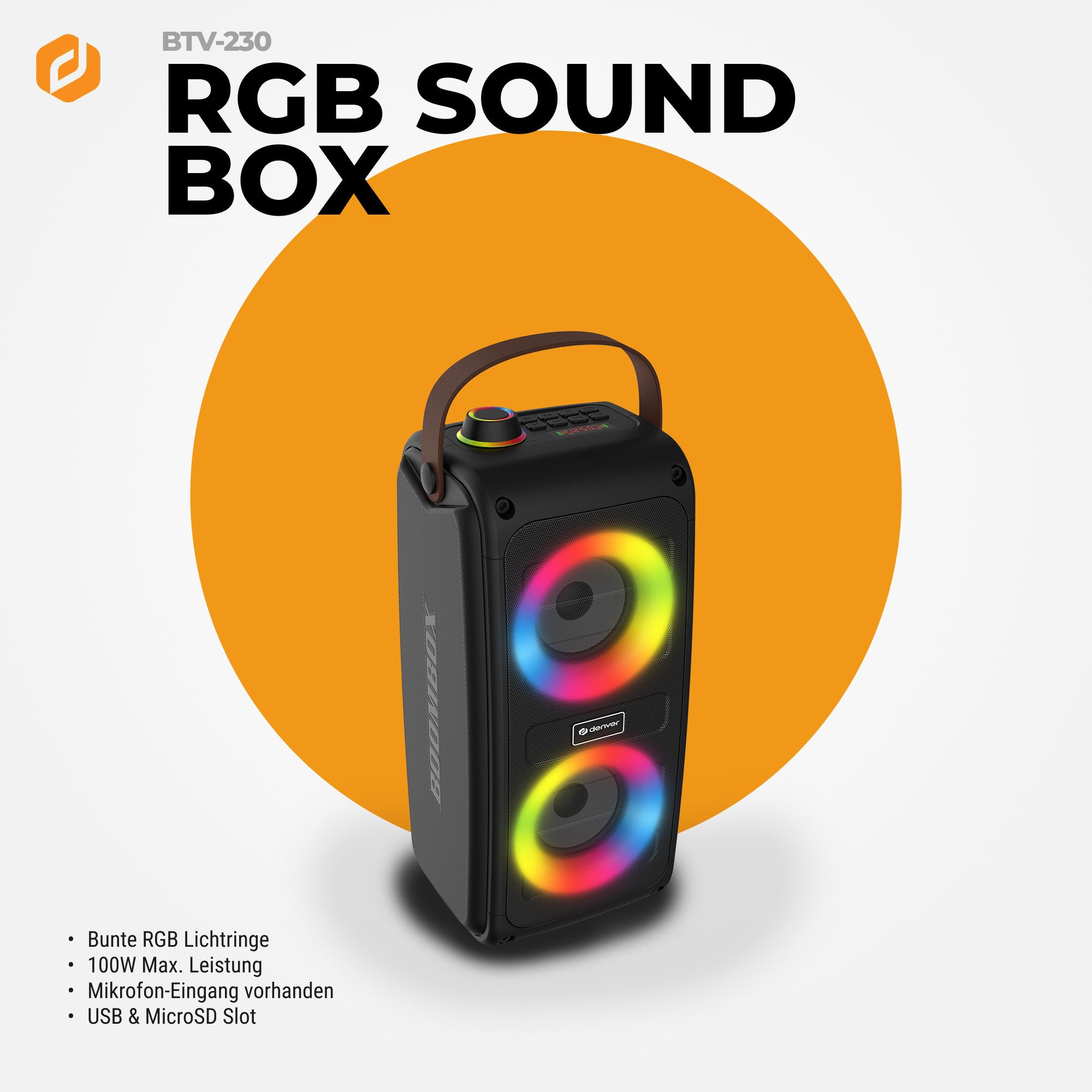 Denver BTV-230 Bluetooth-Speaker Stereo (2 Lautsprecher) (Bluetooth 5.0, 100 W, 10m Bluetooth- Reichweite, LED Lichteffekte, Karaoke-Option)