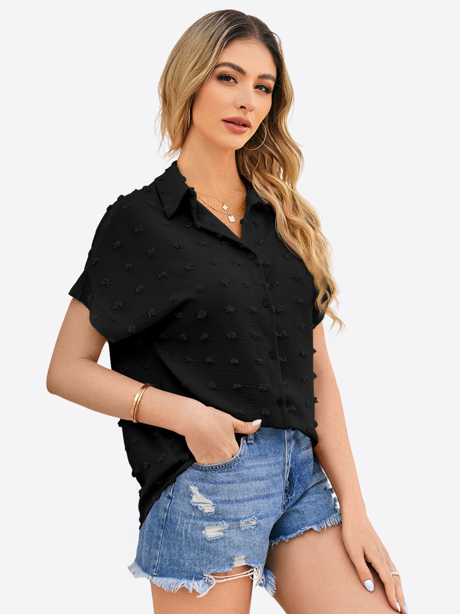 Imily Bela Blusenshirt Damen Kurzarm Casual Oberteil (Packung, 1-tlg., 1per-Pack) mit Textur-Punkten und Hemdkragen