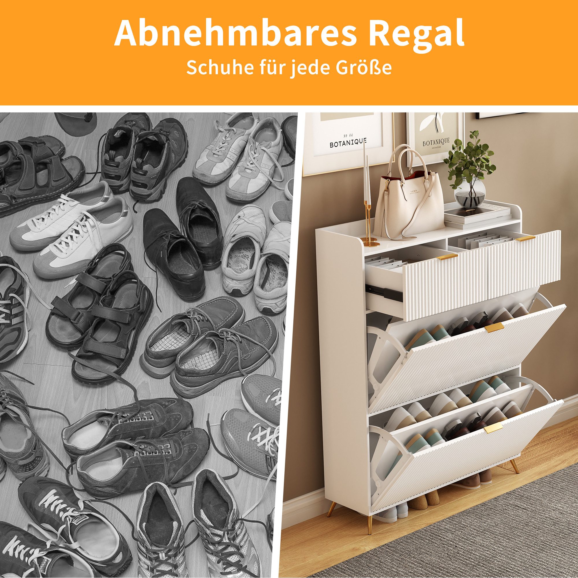 PXloue Schuhschrank mit 2 Klappen Schuhregal Schukipper( mit Kippsicherung) (mit 2 Schubladen) Schuhkommode im Flur Diele,Trennwand verstellbar, 110x24x80 cm – Bild 3 von 5